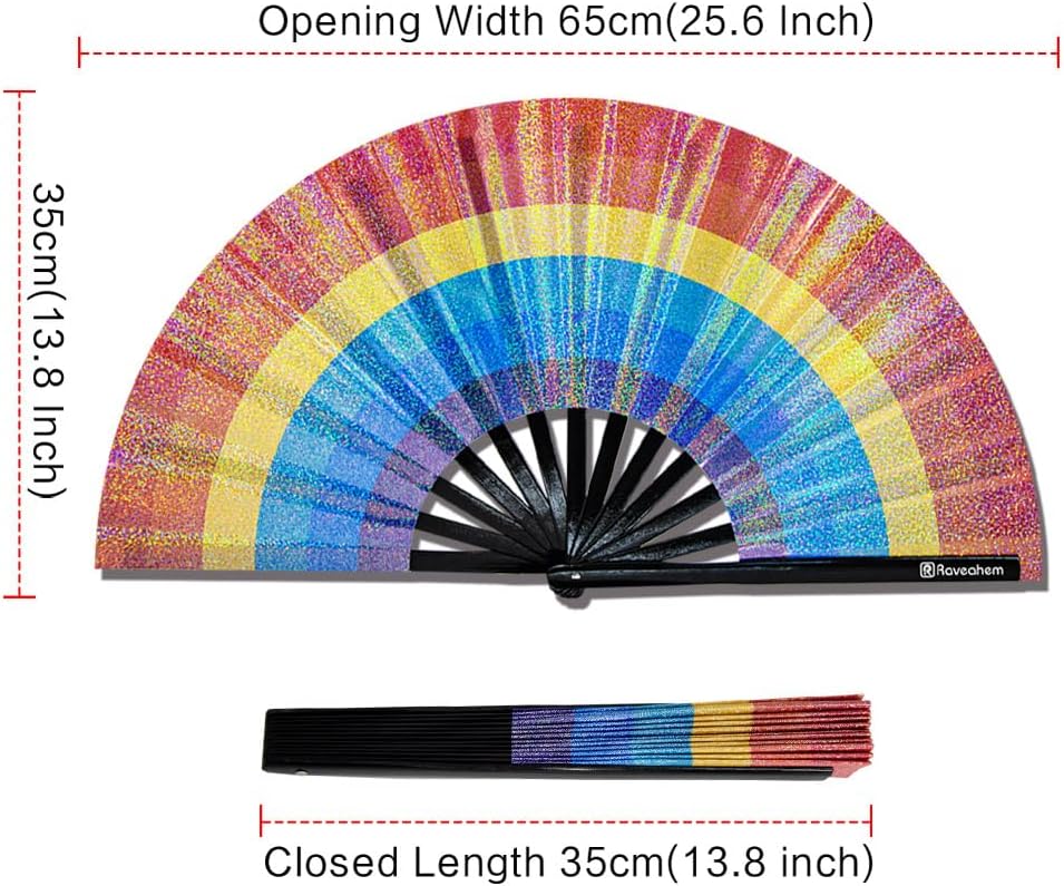 Large Rave Fan, Clack Folding Hand Fan with Premium Fabric, Thick Bamboo Frame for Men Women Gift for EDM, Festival, Club, Party, Dance, Decoration (Lridescent Rainbow, 13")