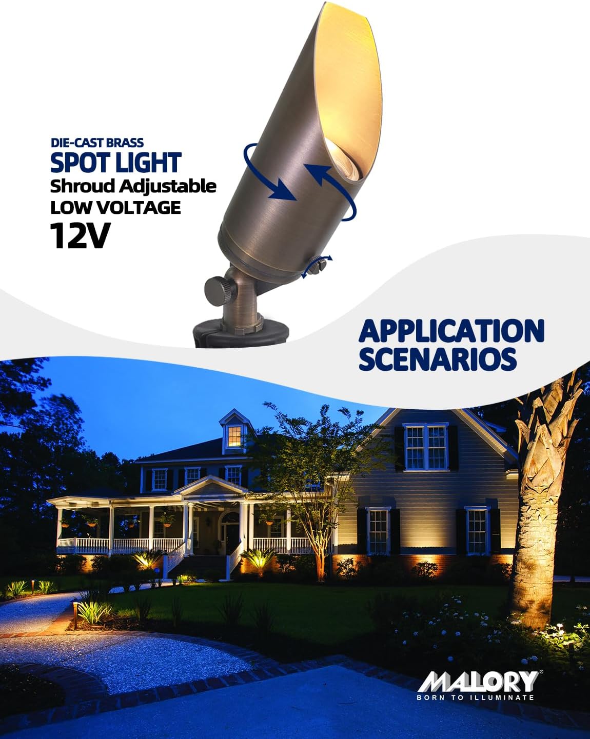 MALORY Brass Outdoor Spot Lights,12V AC/DC Low Voltage LED Landscape Lighting,Waterproof Spot Up Light for Garden,Patio and Yard (S03, 12-Pack with Bulb)