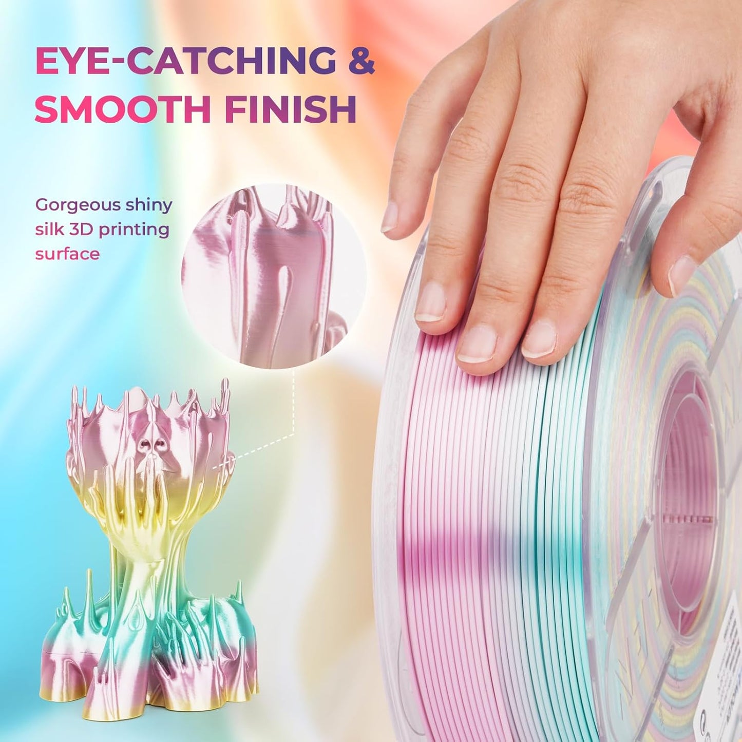 AMOLEN Silk PLA 3D Printer Filament, Shiny Multicolor Rainbow PLA Filament 1.75mm, Fast Gradient Color Change PLA 3D Printing Filament for Most FDM 3D Printer, Yellow Pink Blue, 1kg (2.2lbs)