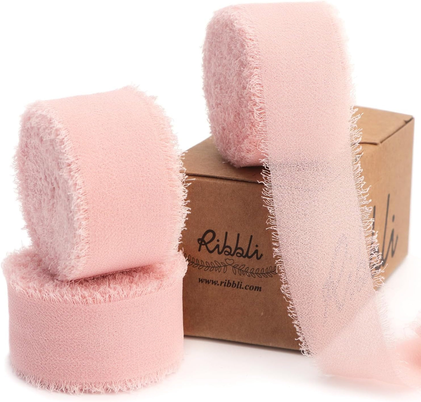 Ribbli Blush Pink Ribbon 1 Inch x 3 Rolls Total 24 Yards Pink Handmade Fringe Chiffon Silk Ribbon for Wrapping Wedding Invitations Bridal Bouquets DIY Crafts Home Decor