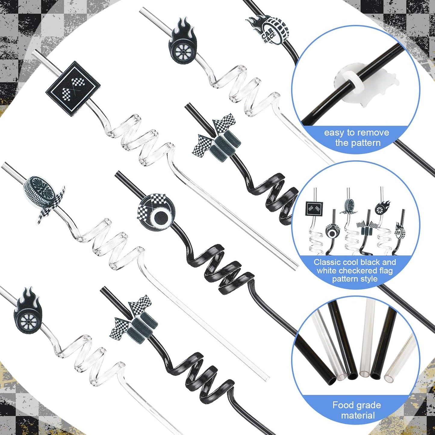 Yungyan 24 Sets Checkered Flag Party Favors Goodie Cups with Lids and Straws for Birthday Decorations Reusable 16oz Plastic Candy Cups Plastic Straws for Birthday Party (Checkered Flag)