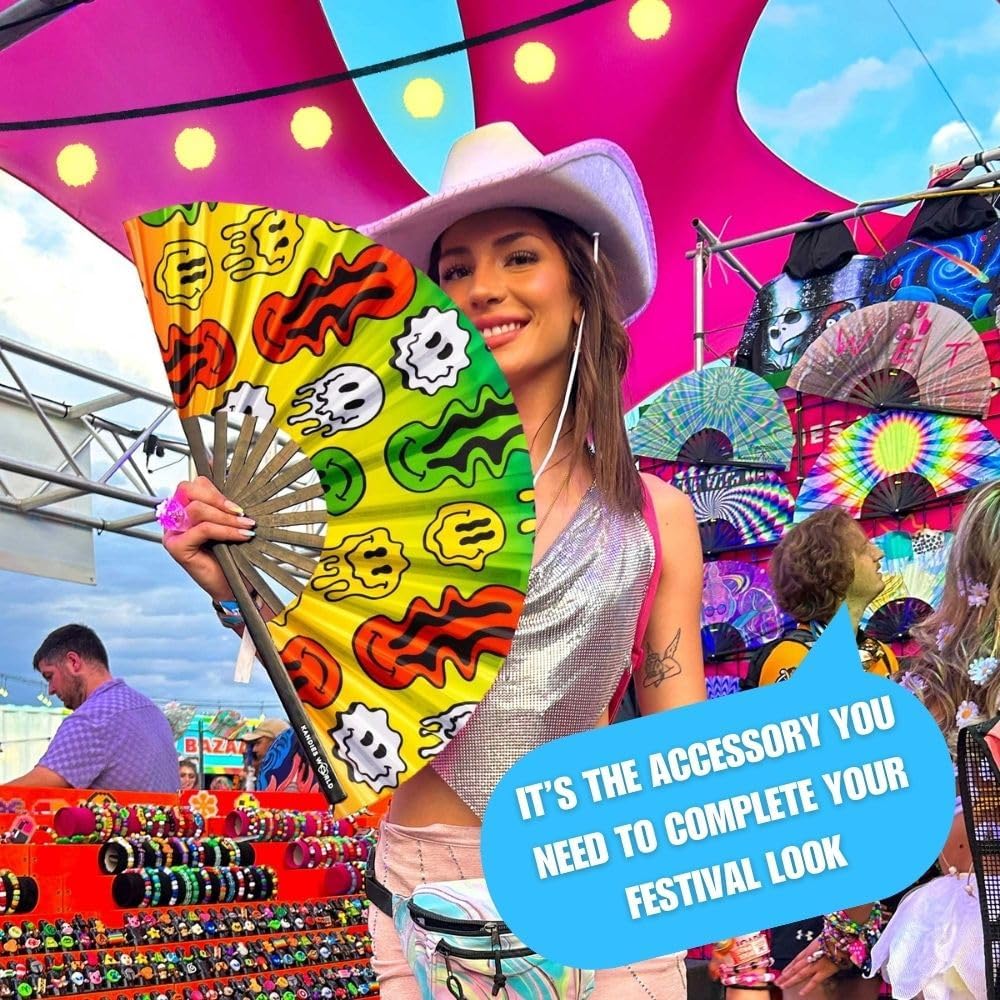 Kandies World UV Reactive Custom Festival Folding Hand Fan - Unique Designs, Made of Bamboo, Clacking Sound, Lightweight - Perfect Rave and Festival Accessory!