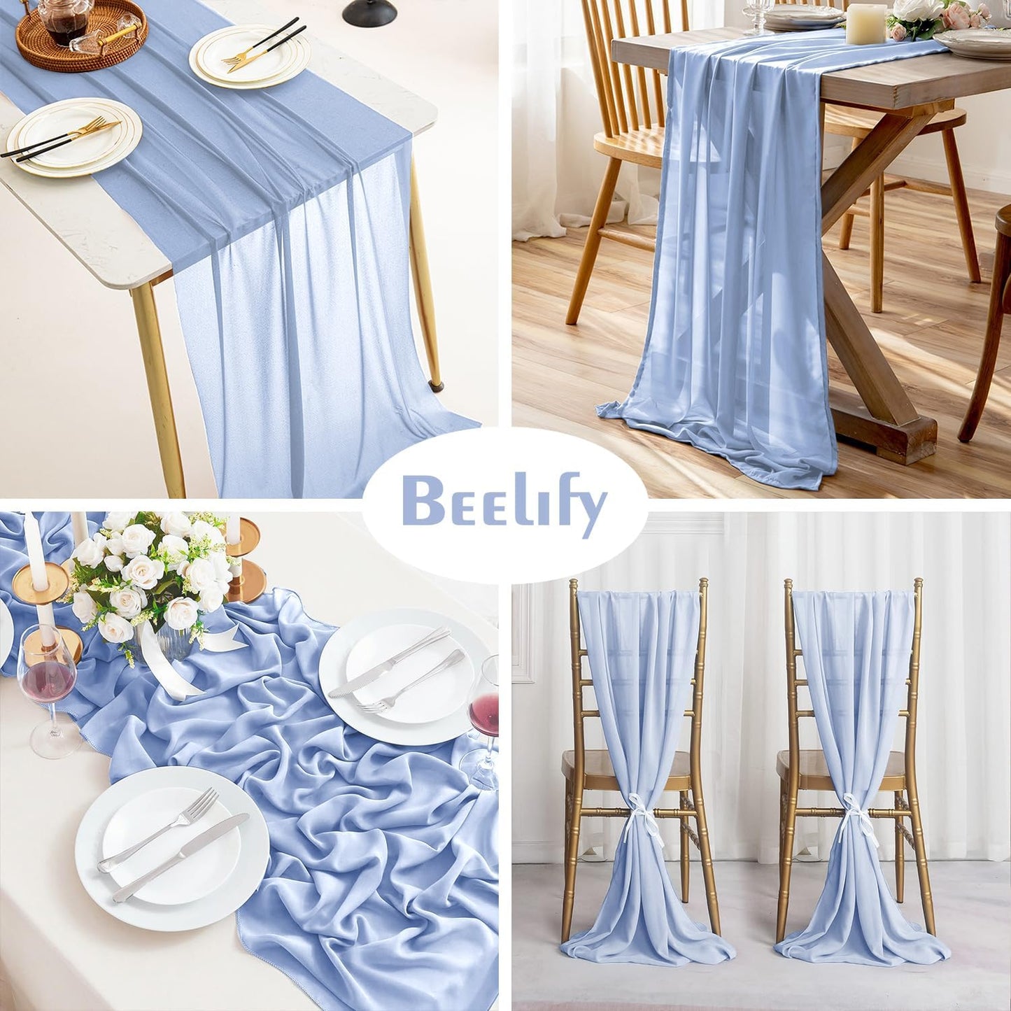 2 Pack 10 Ft Chiffon Table Runner Light Blue Gauze Long Table Runners 27x120 Inches Sheer Tulle Table Runner for Rustic Wedding Reception Bridal Shower Decorations Birthday Party