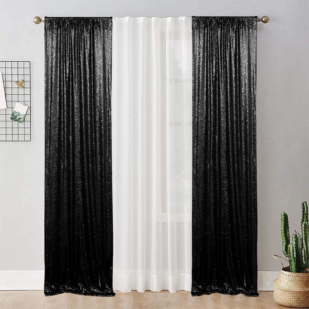 Juya Delight Black Sequin Backdrop Curtain,4PCS 2FTx8ft Glitter Backdrop Curtain for Party,Birthday,Christmas Wedding Decoration