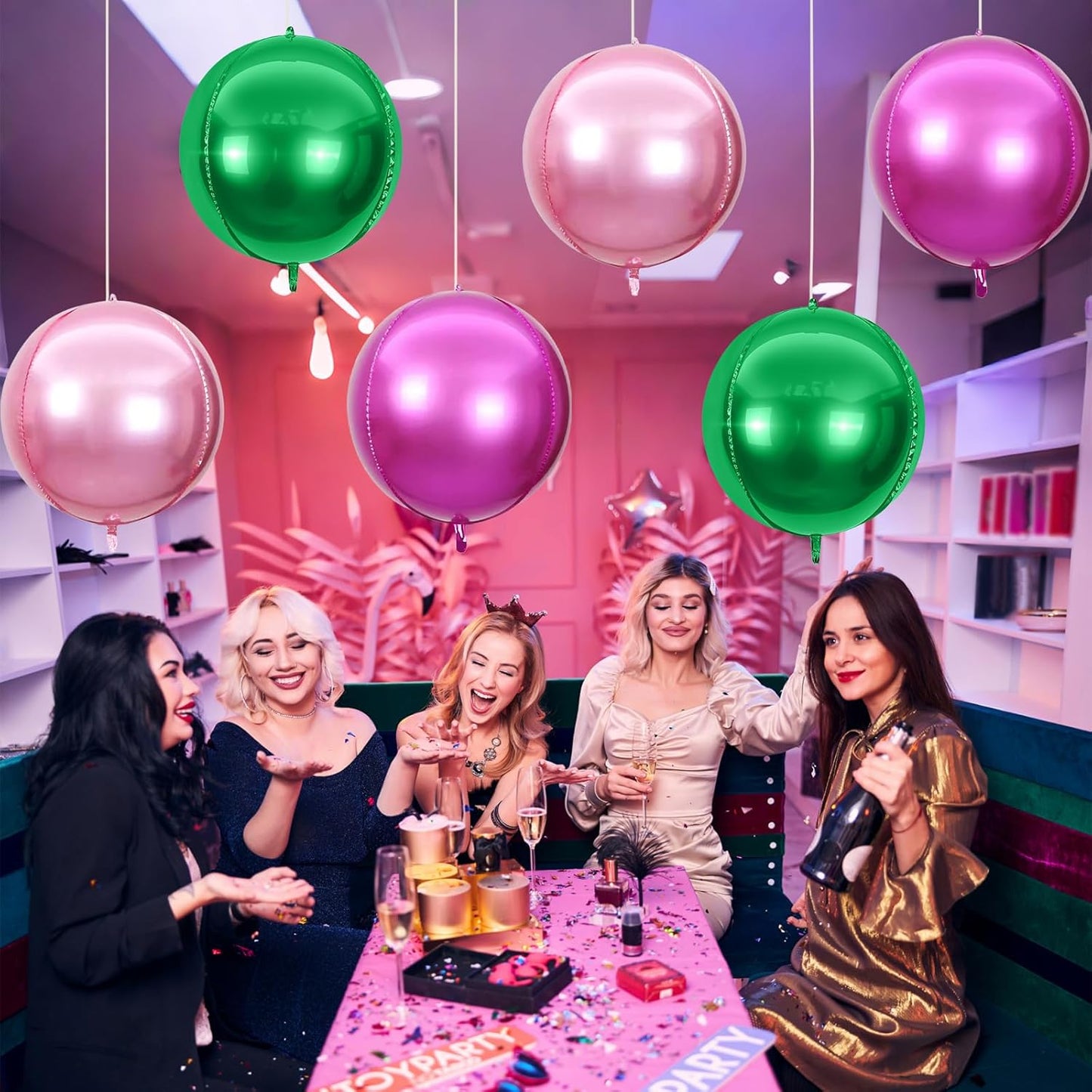 6Pcs Green Pink Round Foil Balloons,Giant 4D Round Ball Balloon,22 Inch Metallic Green Pink Balloons for Birthday Wedding Graduation Prom Party Decorations