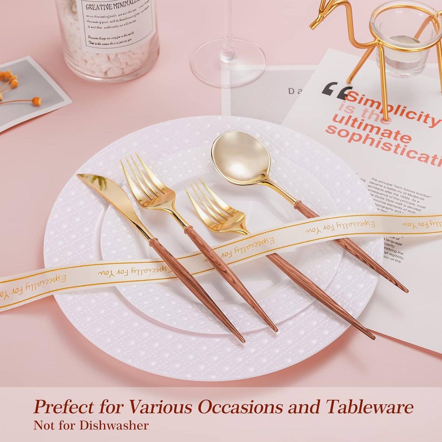 Lullaby 60pcs Gold Plastic Silverware, Gold Disposable Cutlery with Wood Grain Handle Include 20 Forks, 20 Spoons, 20 Knives, Elegant Disposable Silverware for Wedding, Party, Gathering, Daily Use