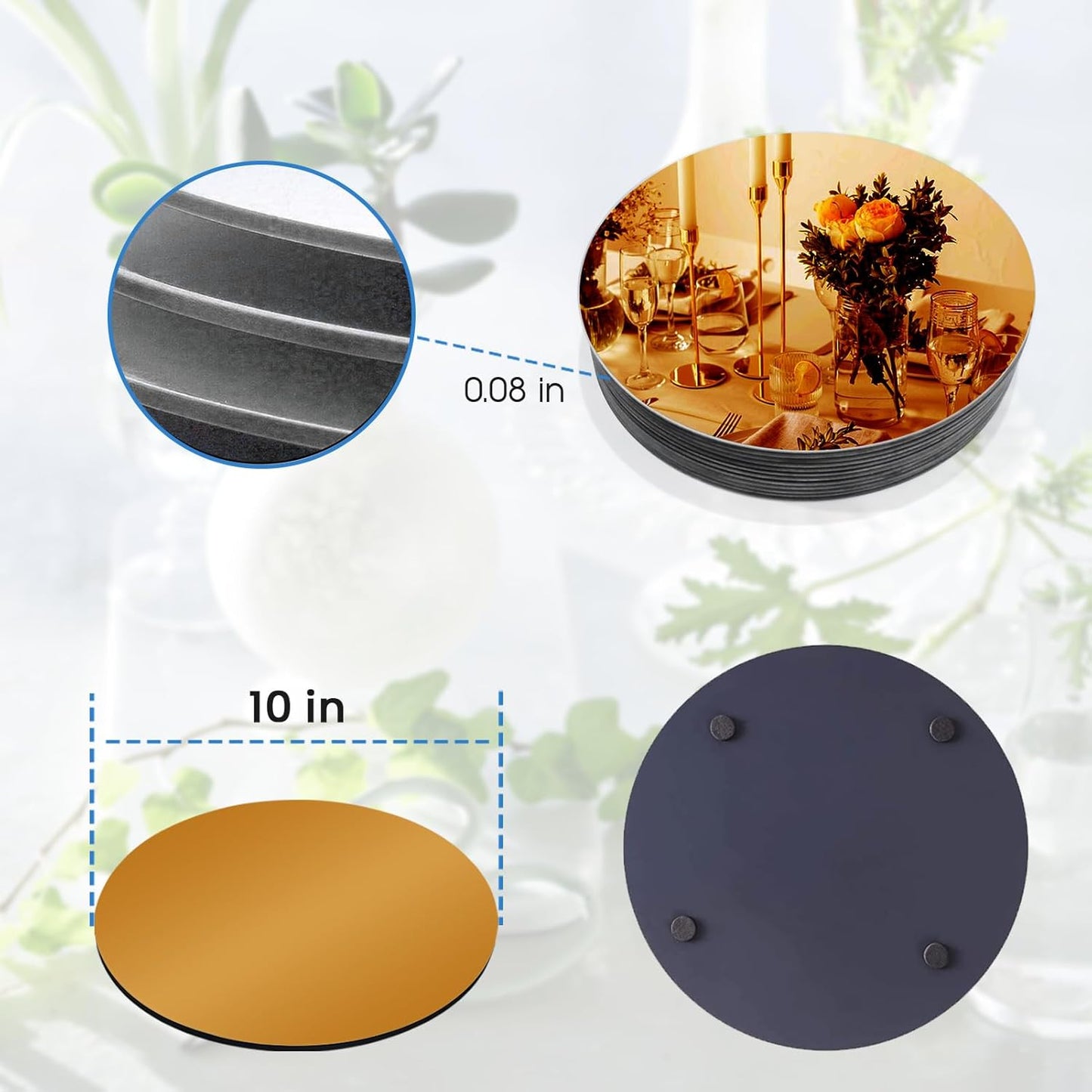 VASUHOME 10" Gold Mirror Centerpieces for Tables, Round Mirror Plates Set for Candle, Wedding, Party Decorations, Circle Mirror Trays with Smooth Edge and Cushioned Feet, 2mm Thick