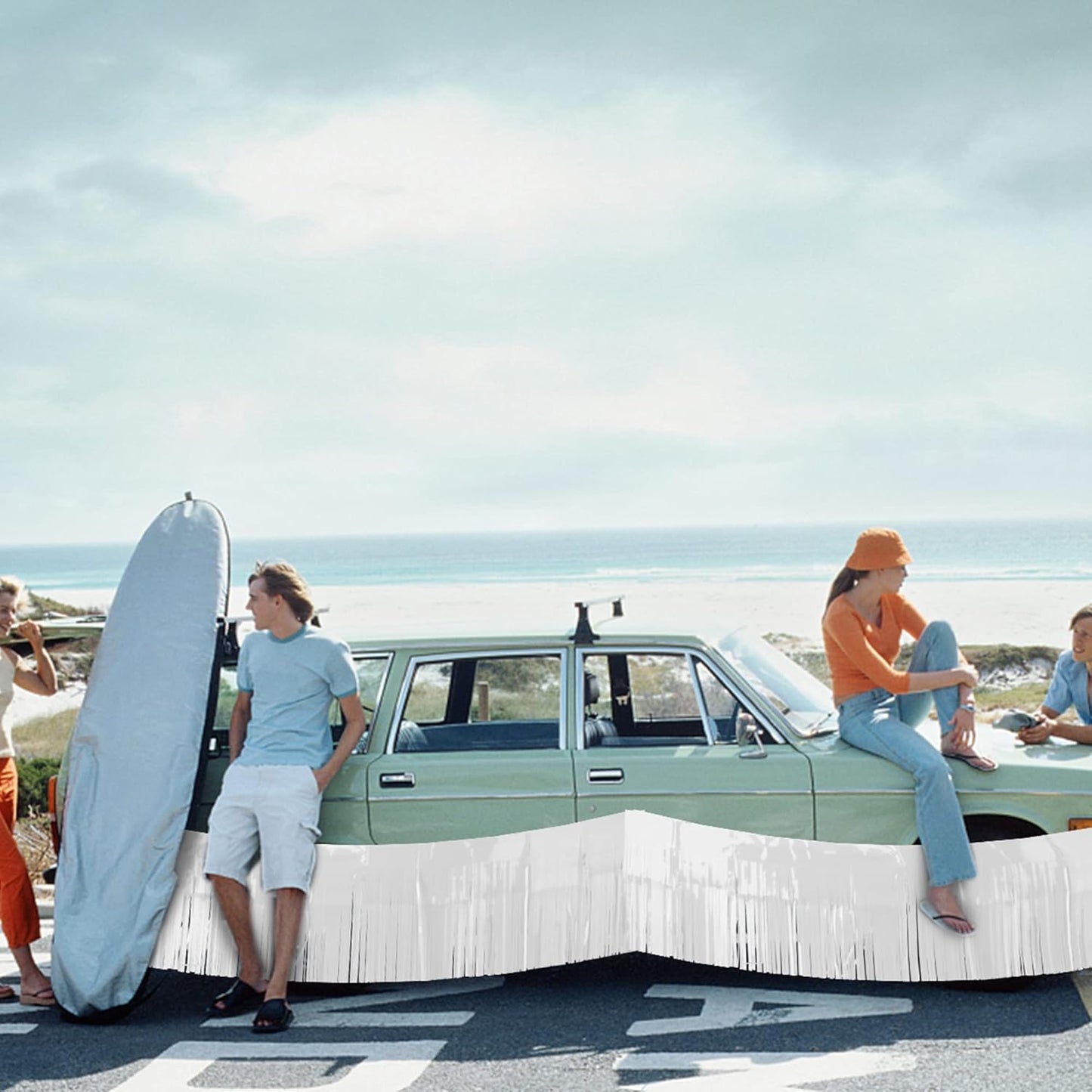 4 Pack Iridescent Float Fringe Curtains, Metallic Foil Fringe Garland Shiny Tassel Foil Parade Float Decorations for Trailer Car Graduation Homecoming Outdoor Indoor Party (White)