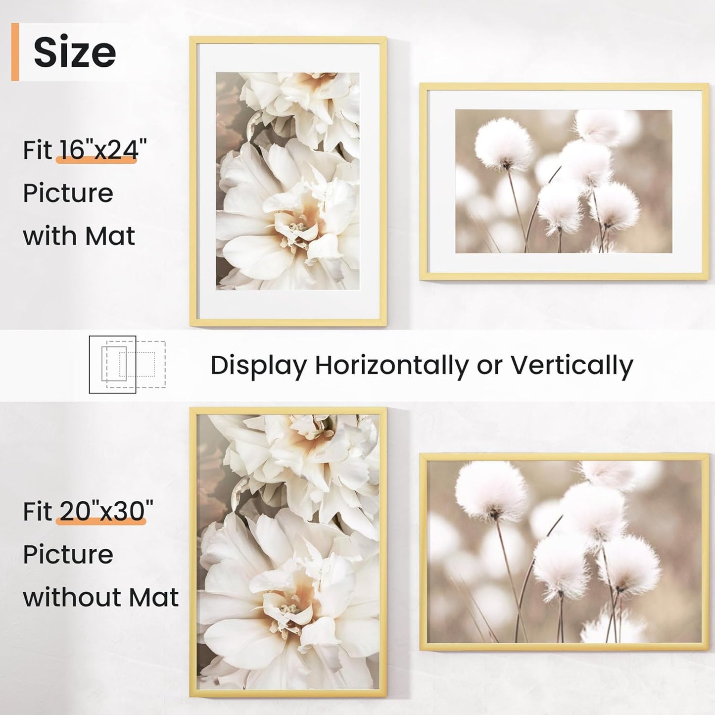 20x30 inch Picture Frame, 20x30 Photo Frames with 16x24 Removable Mat - High Definition Plexiglass - Vertical and Horizontal Display - Wall Hanging Poster Frame - Gold, 5 Pack