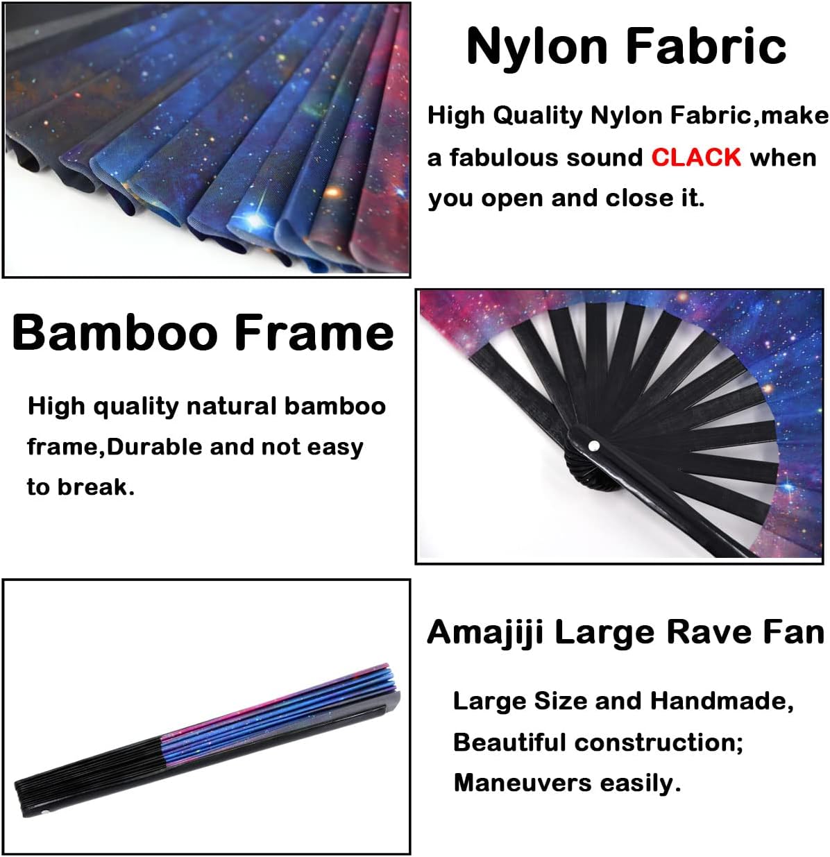 Amajiji Large Folding Hand Rave Fan Popping Fan for Line Dancing Clacking Fans for Boots On The Ground Dance,Party,Decoration,Festival (Starry sky)