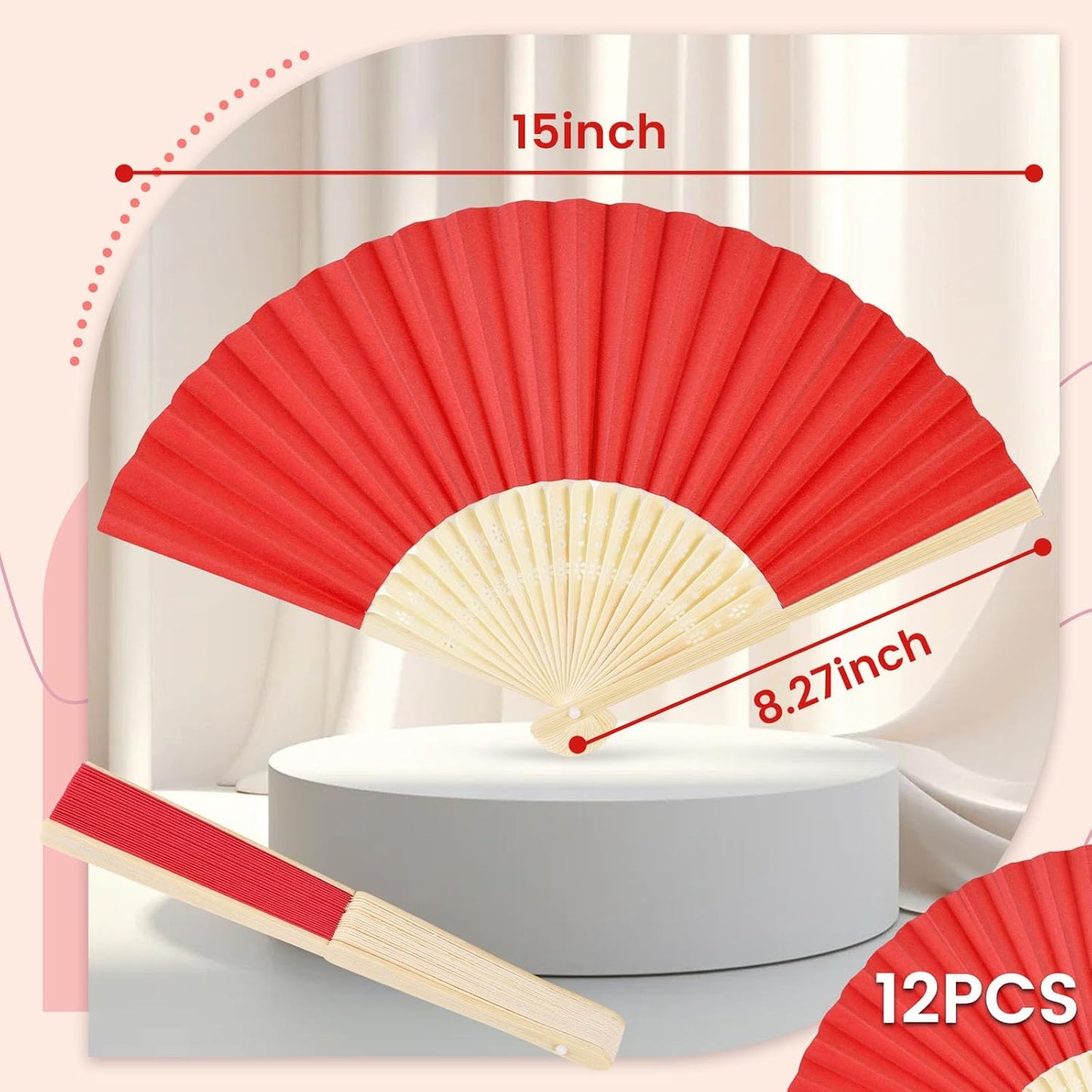 JOHOUSE 12 Pcs Paper Folding Hand Fans, 8.3 Inch Red Fans Handheld Decorative Accessories for Wedding, Outdoor Party Favors, Bridal Shower DIY Decoration Photography Props Hibachi Party Decorations