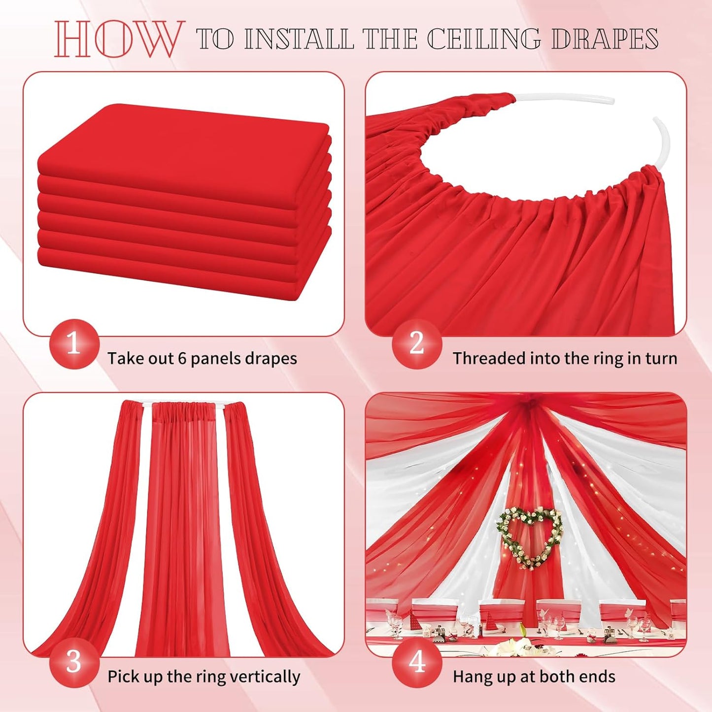 6 Panels Red Ceiling Drapes for Wedding 5ftx30ft Chiffon Fabric Arch Draping Curtains Sheer Drapery for Party Ceremony Birthday Baby Shower Reception Stage Swag Ceiling Decorations