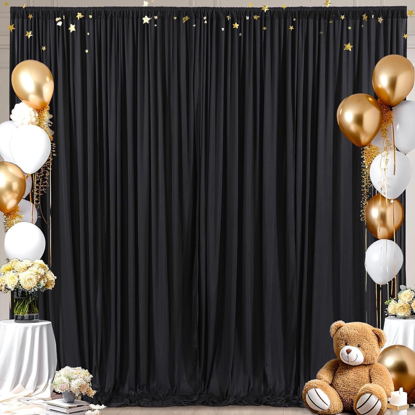50ft x 10ft Thick Champagne Backdrop Curtains for Parties, 10 Panels 5ft x 10ft Non See Through Black Polyester Wedding Drapes Photo Backdrop for Birthday Party Graudation Photography Home Decor