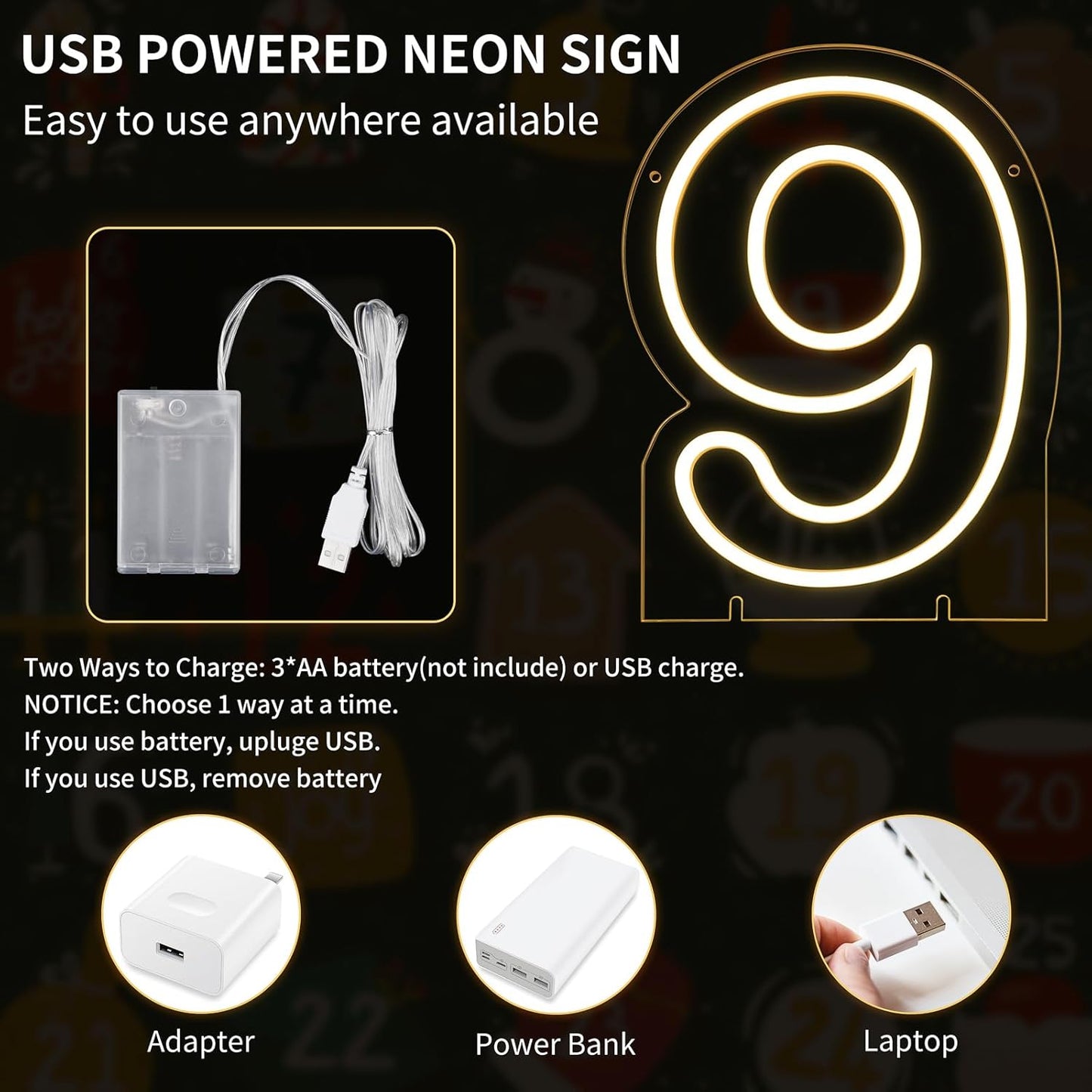 Number 9 LED Neon Sign Backdrop Birthday Party Decoration, 11.3" Height Warm White Marquee Numbers Nine Light Up Sign for Wedding Anniversary Window Wall Table, Indoor Battery Operated or USB