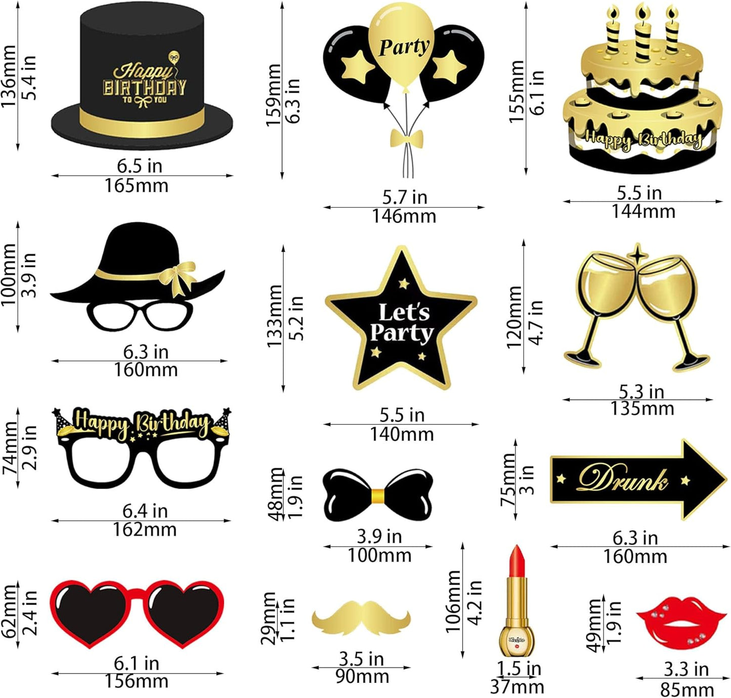 34pcs Birthday Party Photo Booth Props Kit, Favors Supplies for Men Women Party Decor Photobooth,Funny Birthday Party Supplies(Gold and Black)