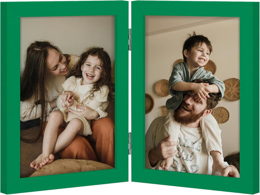 decorUhome Double 5x7 Picture Frame Vertical, Engineered Wood Bifold Photo Frame with Plexiglass for Tabletop Display, 5x7, Green