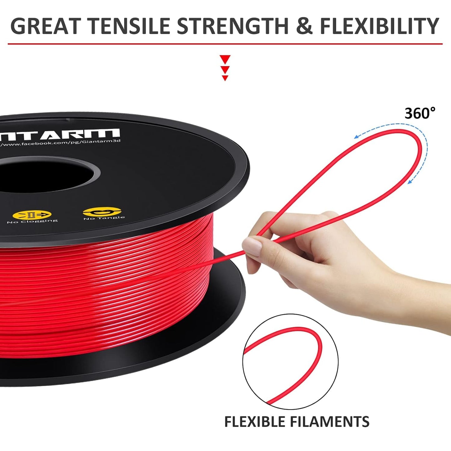 GIANTARM 3D Printer Filament, Red Pla Filament, 1Kg(2.2lbs) Spool, 1.75mm Dimension Accuracy +/- 0.03mm, 3D Printing Filament