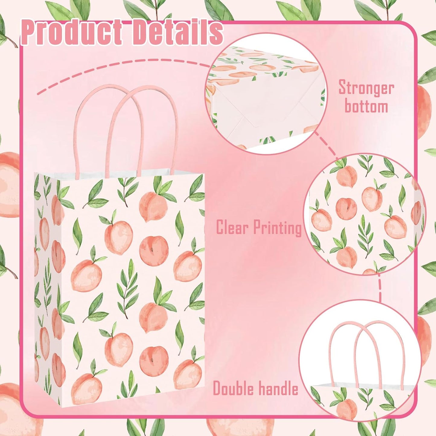 JarThenaAMCS 24Pcs Peach Paper Gift Bag Pink Treat Bags with Handles Candy Goodie Bags for Spring Summer Wedding Birthday Bridal Baby Shower Party Favors Supplies