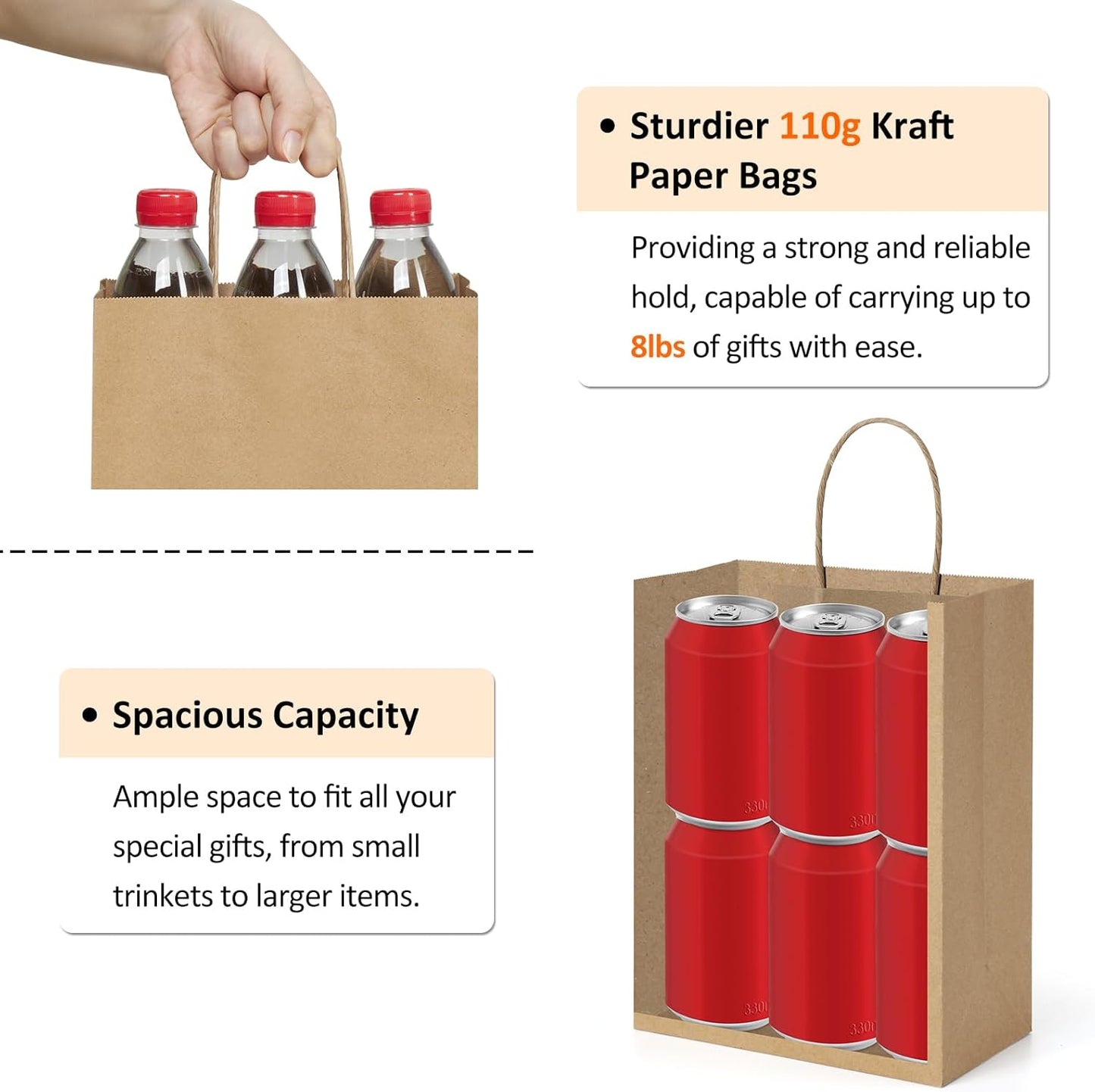 BagDream 50Pcs Gift Bags 8x4.25x10.5 Kraft Paper Gift Bags with Handles Bulk, for Shopping, Retail, Merchandise, Party Favor, Wedding, Birthday Brown Paper Sacks