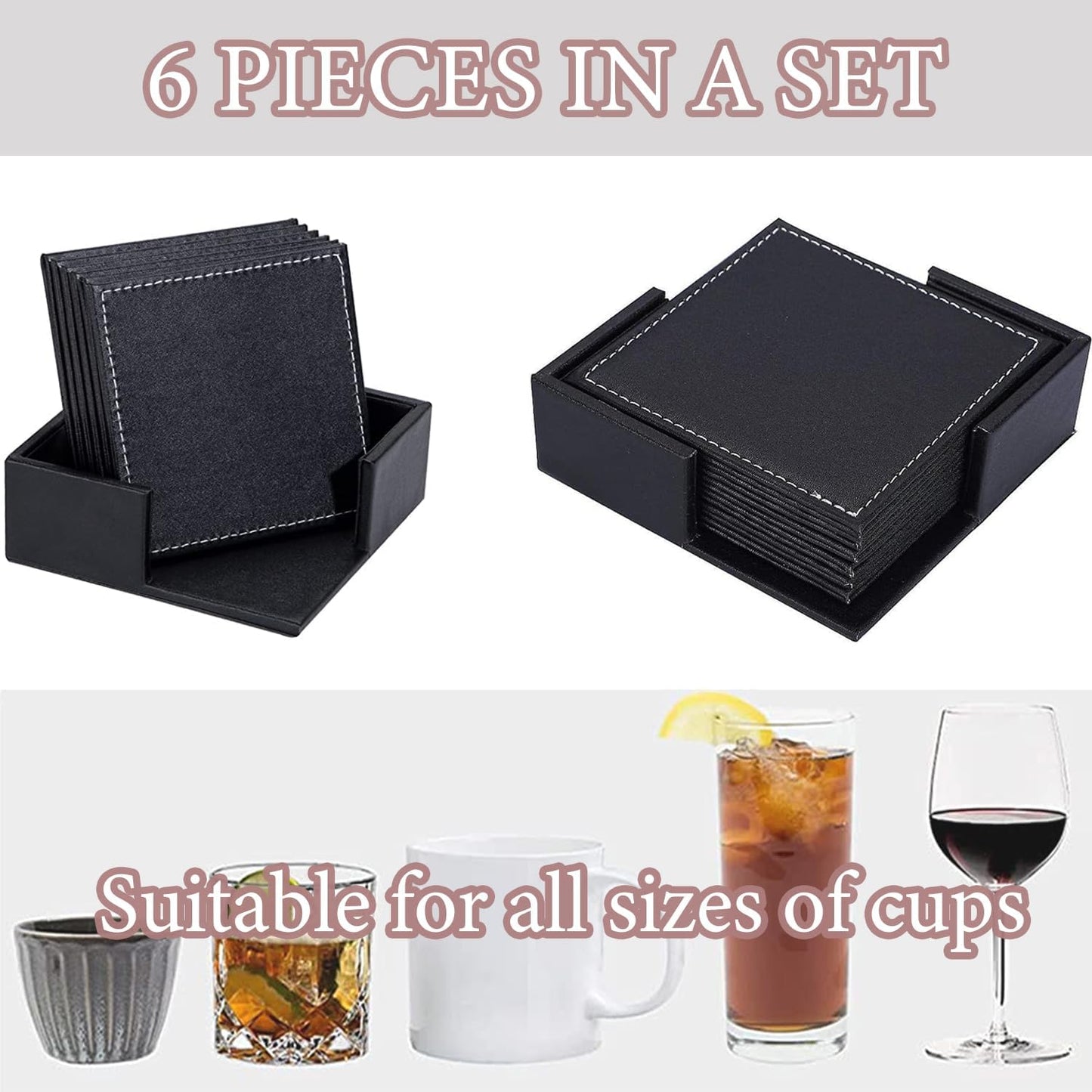 Custom Coasters Set of 6, Personalized Leather Coasters for Drinks with Holder, Customized Coasters Name, Photo, Logo for Coffee Table Bar Wine Cup Housewarming