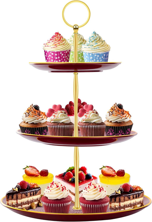 PinCute Cupcake Stand Holder - 3 Tier Cup Cake Dessert Stands, Plastic Tiered Serving Tray&Metal Rod for Birthday Party, Wedding, Tea Party, Baby Shower-Red