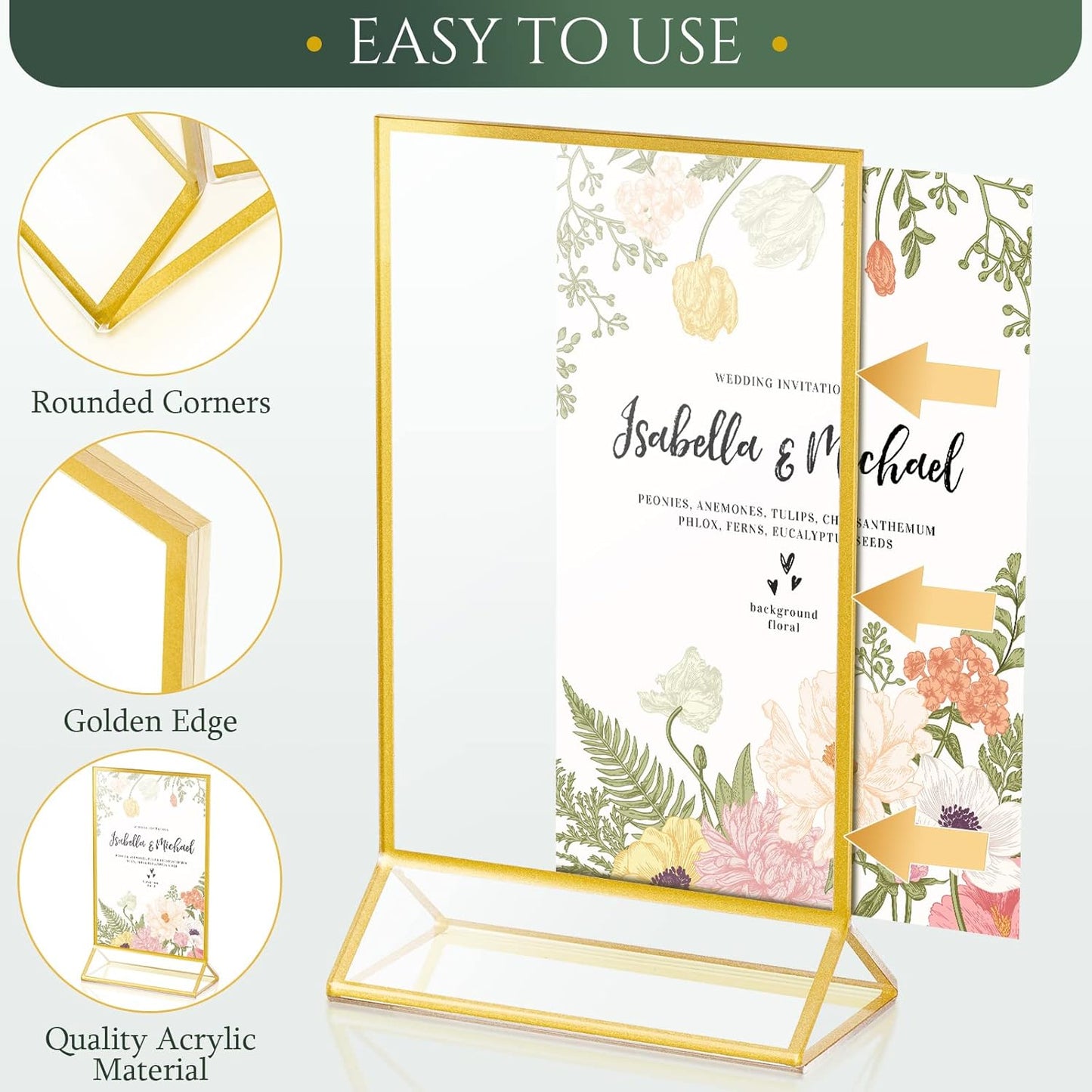 Hoteam 18 Pack Clear Acrylic Double Sided Frames Display Holder Gold Frames Acrylic Signs with Stand 2mm Gold Border for Wedding Restaurant Office Home Store Numbers Signs (5 x 7 Inch, Vertical)