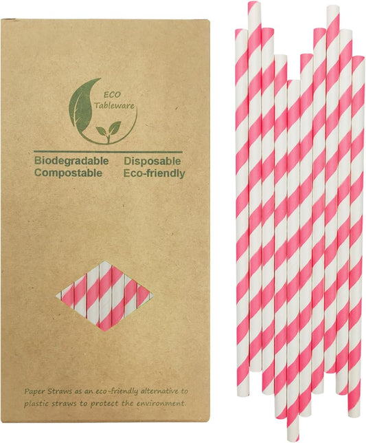 Disposable White and Pink Striped Paper Straws, Hot Pink Swirl Straw Pastel Princess Drinking Straws for Valentines Birthday Wedding Party Suppliers (7.75 Inches, Box of 100)