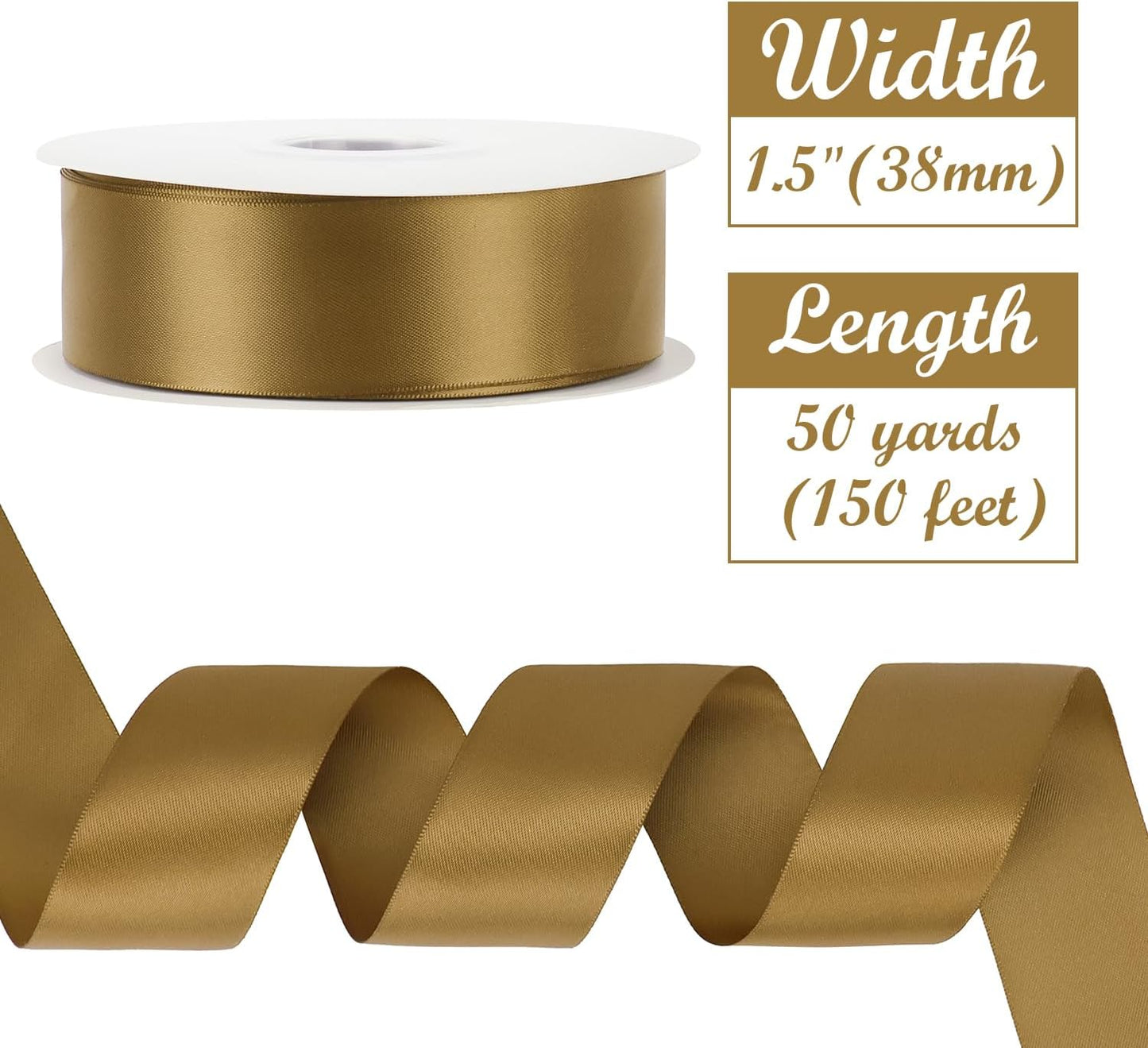 HUIHUANG Golden Brown Ribbon 1-1/2 inch x 50 Yards Luxury Double-Faced Satin Ribbon for Gift Wrapping Crafts Bows Holiday Home Decor Wedding Decoration Flower Bouquets