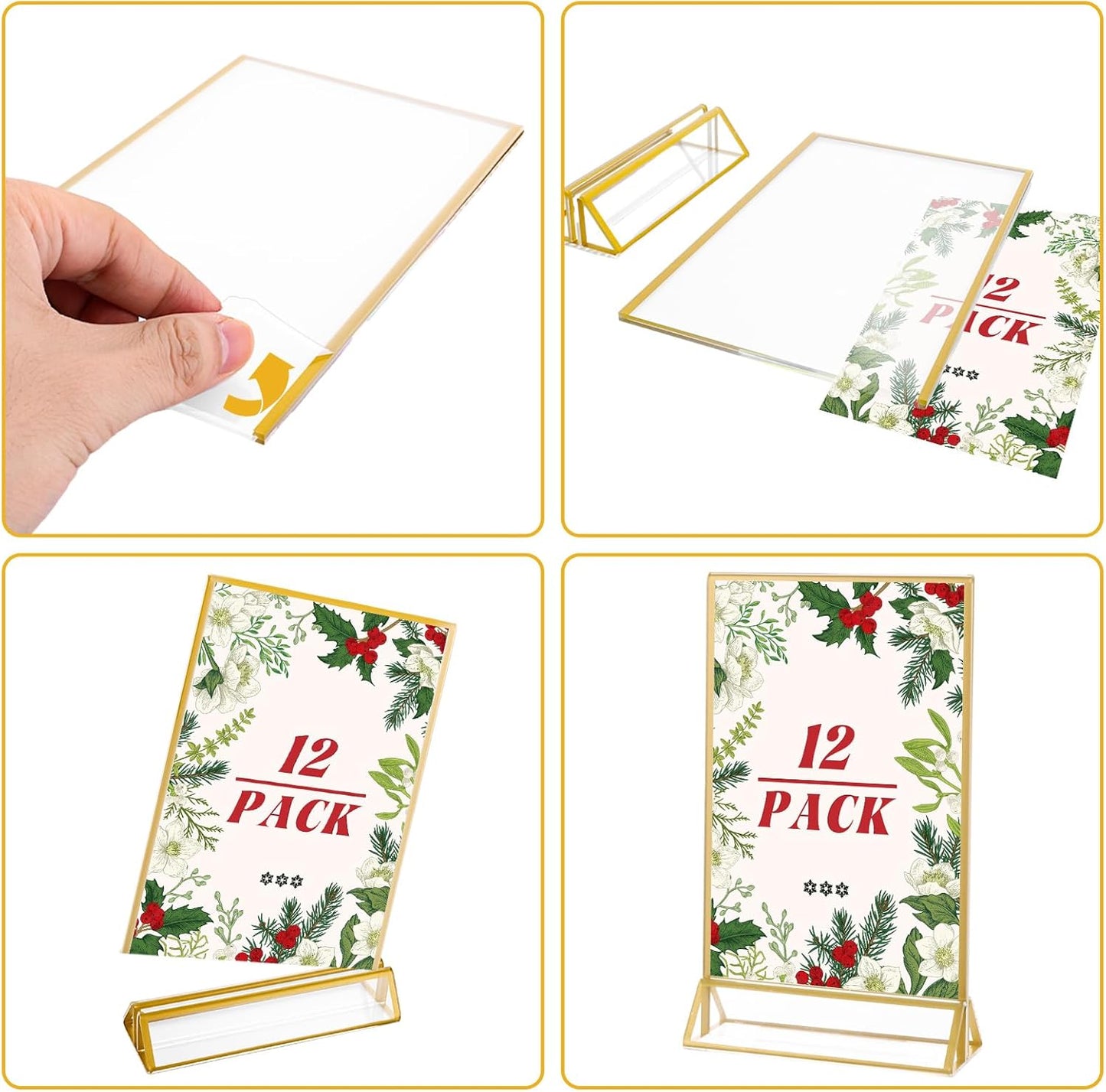 12 Pack Acrylic Sign Holder 4 x 6 Gold Picture Frames, Double Sided Flyer Display Holder Menu Holder, Acrylic Frames for Wedding Table Number