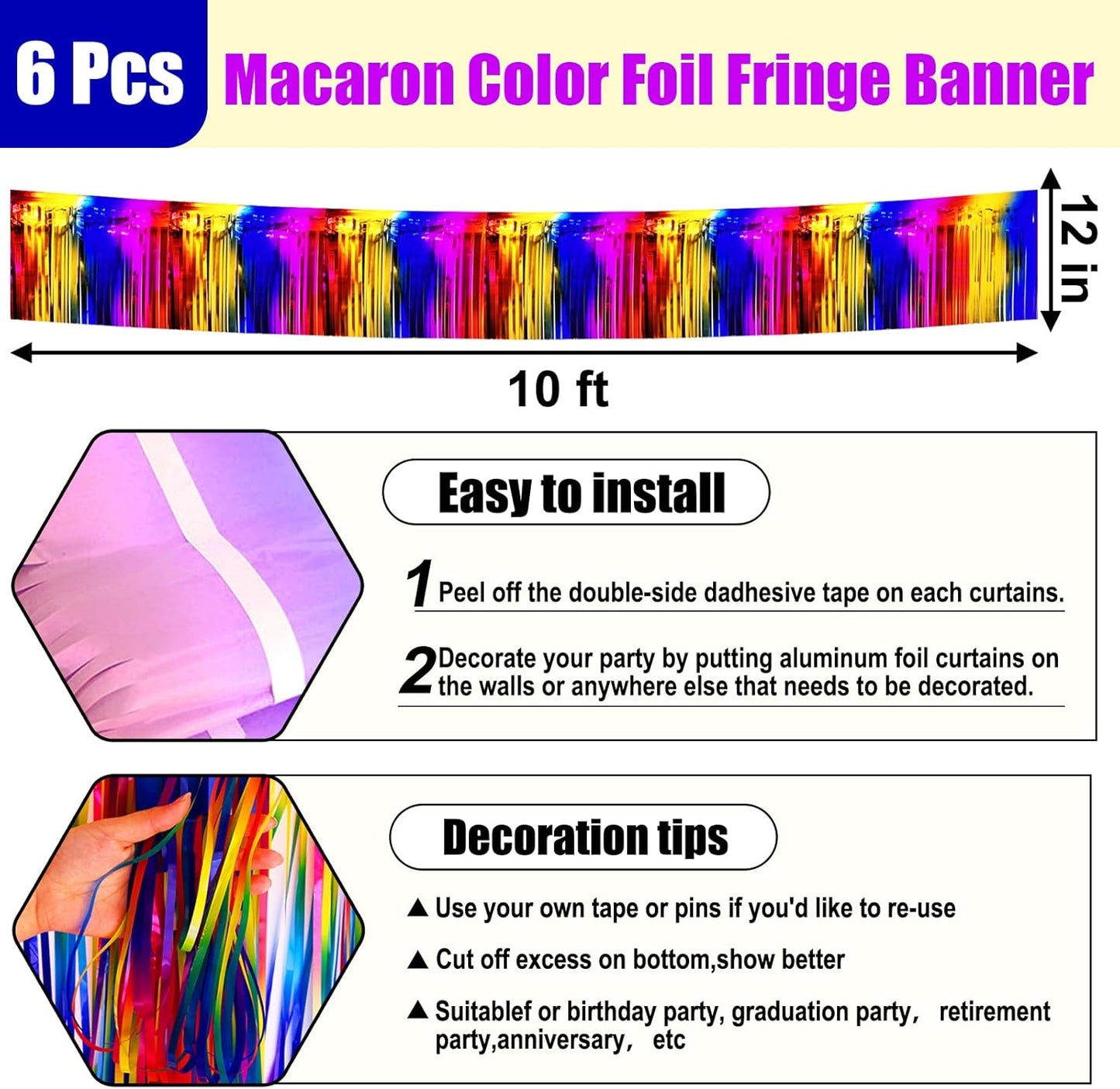 6 Pack 10 Feet Rainbow Foil Fringe Garland Metallic Tinsel Streamers Banner Wall Hanging Curtain Backdrop for Parade Floats, Birthday, Graduate, Mother's Day, Wedding Party Decoration