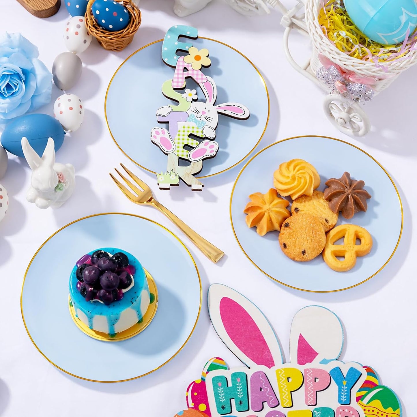 Festiva 200Pcs Blue Gold Cake Plates 6.3" with Plastic Forks 5"- Disposable Blue Dessert/Appetizer/Salad Plates- serve 100 guests for Party&Wedding&Easter