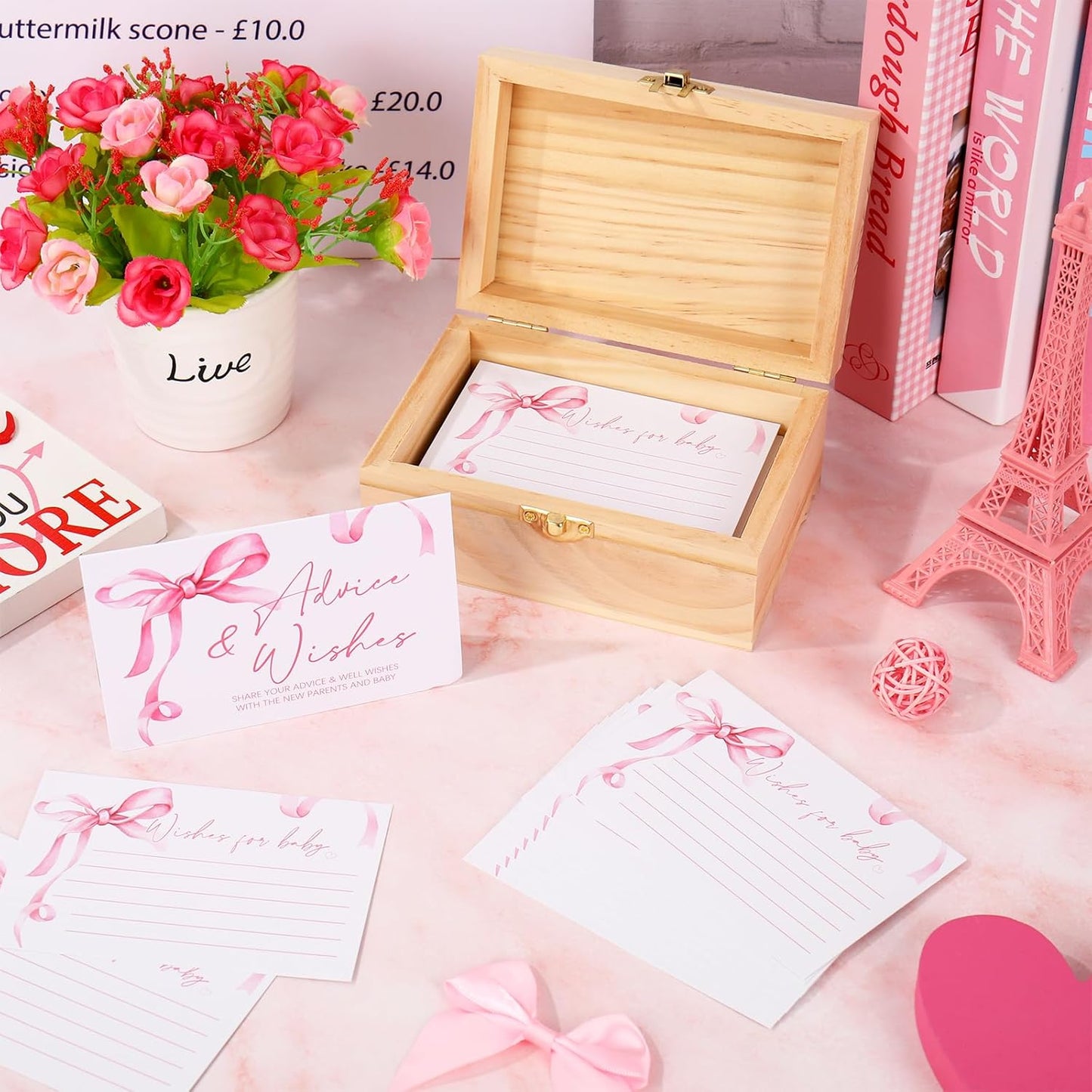50Pcs Baby Shower Advice Cards Double-Sided Pink Bow Advice and Wish Cards with Wood Box for New Parents Baby Shower Gender Reveal Supplies