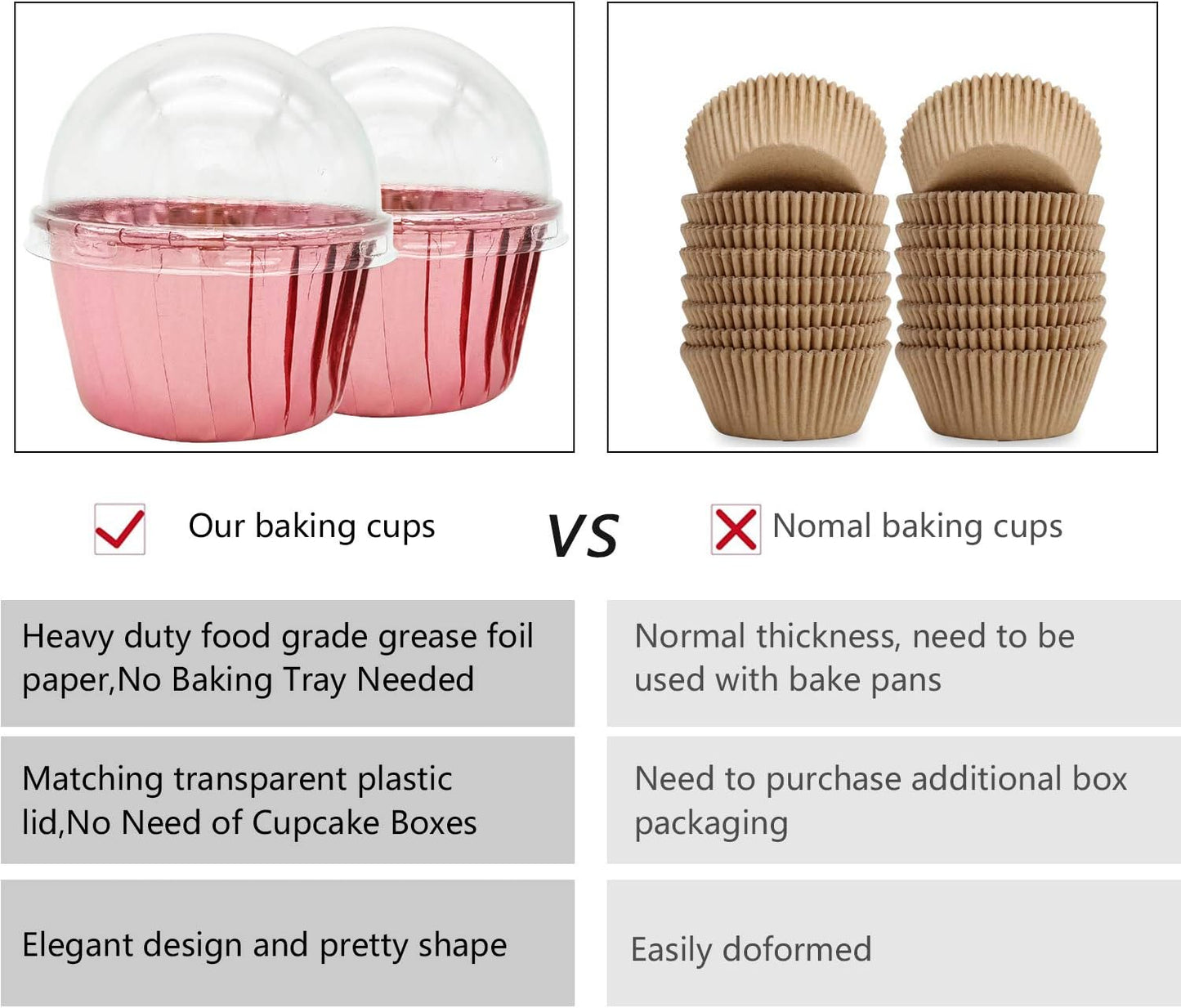 Cupcake Liners with Dome Lids 100Pack,Free-Air 3.5Oz Mini Foil Baking Cups Muffin Liners,Disposable Muffin Tin Cupcake Cups for Individual Bakery Wedding Birthday Party, with Spoons-Rose gold