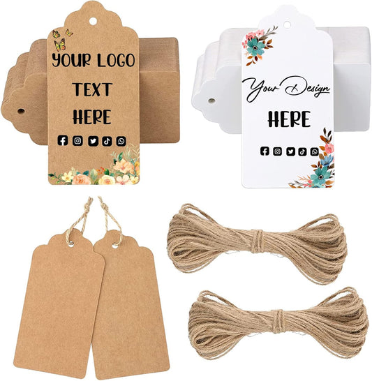 Custom Hang Tags, Personalized Logo Text Price Tags Kraft & Paper Gift Tags with Jute for Jewelry Crafts Wedding Birthday Celebrating Christmas Day Thanksgiving, 100 Pack (1.7x2.79 INCHES)