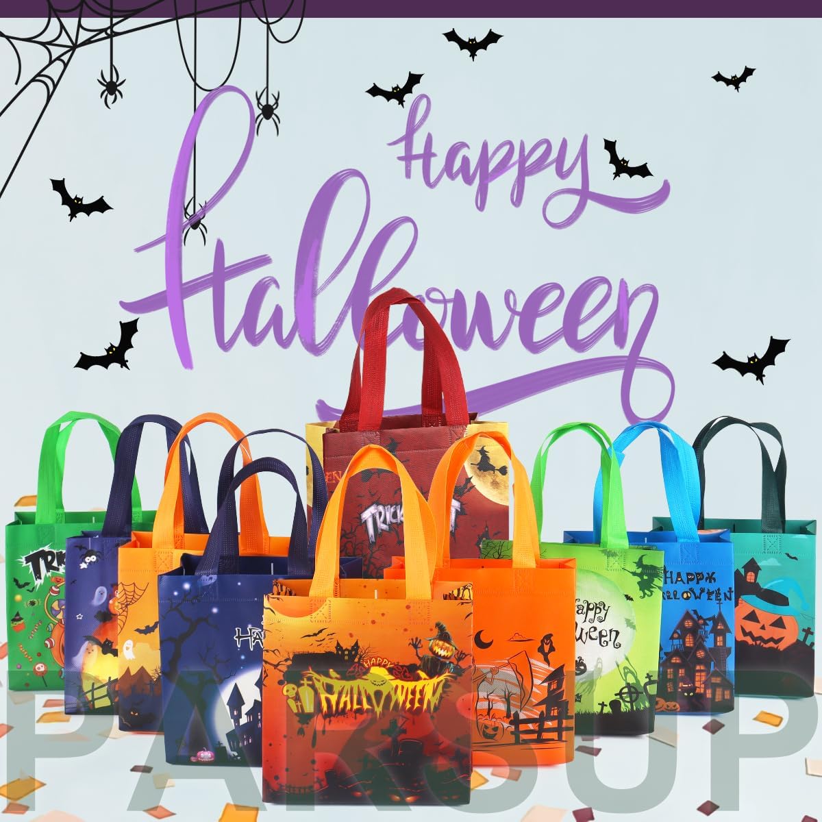PARSUP 20PCS Halloween Trick or Treat Bags, Non-Woven Large Gift Tote Bags with Handles for Gifts Wrapping, Party Supplies, 7.9 * 7.9 * 3.15inch