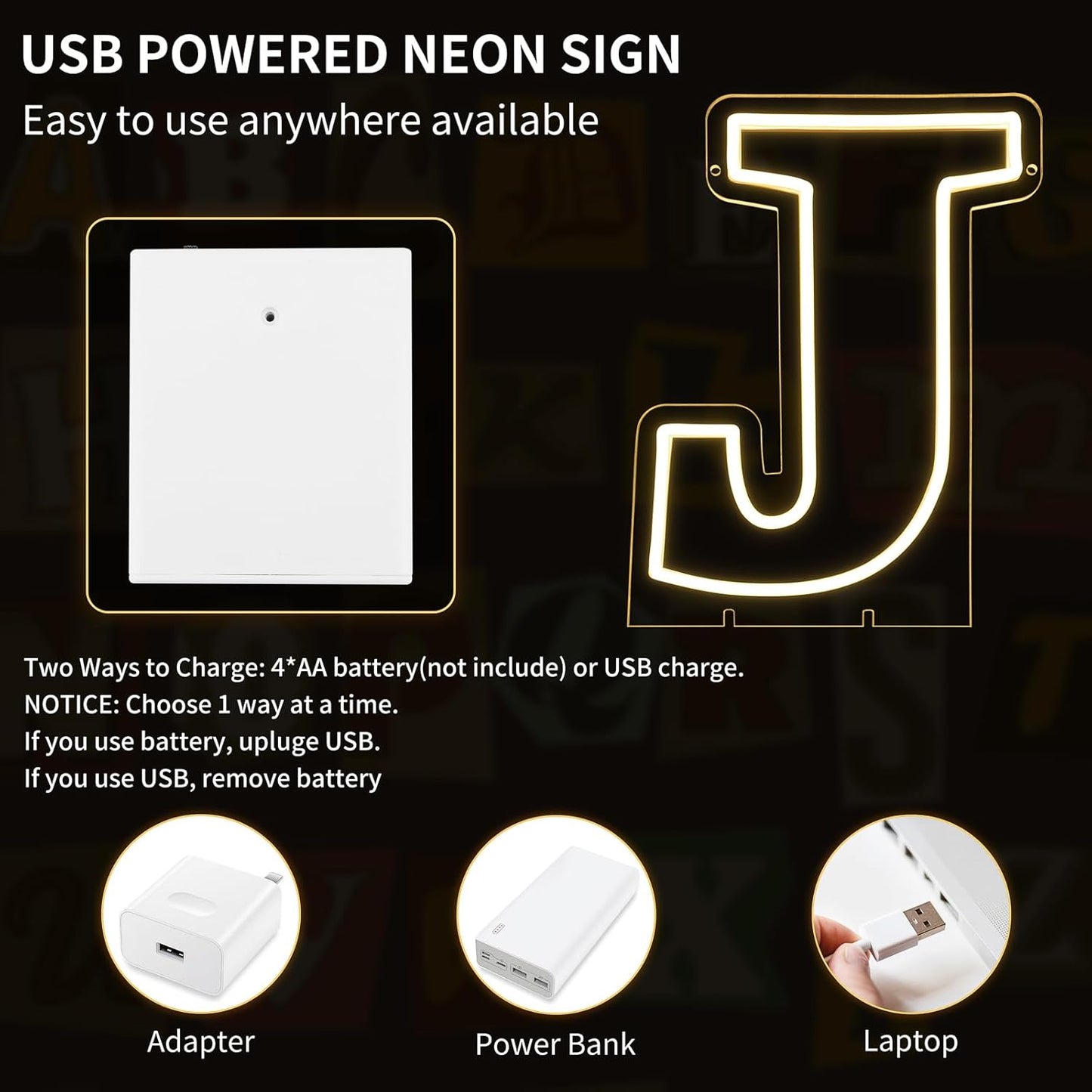 Light Up Letters J, Led Marquee Letter Lights Neon Sign, 13.9" Height Decorative Lighted Alphabet Number, Battery/USB Powered Led Letters Lights for Wedding, Birthday, Party, Christmas or Home Decor