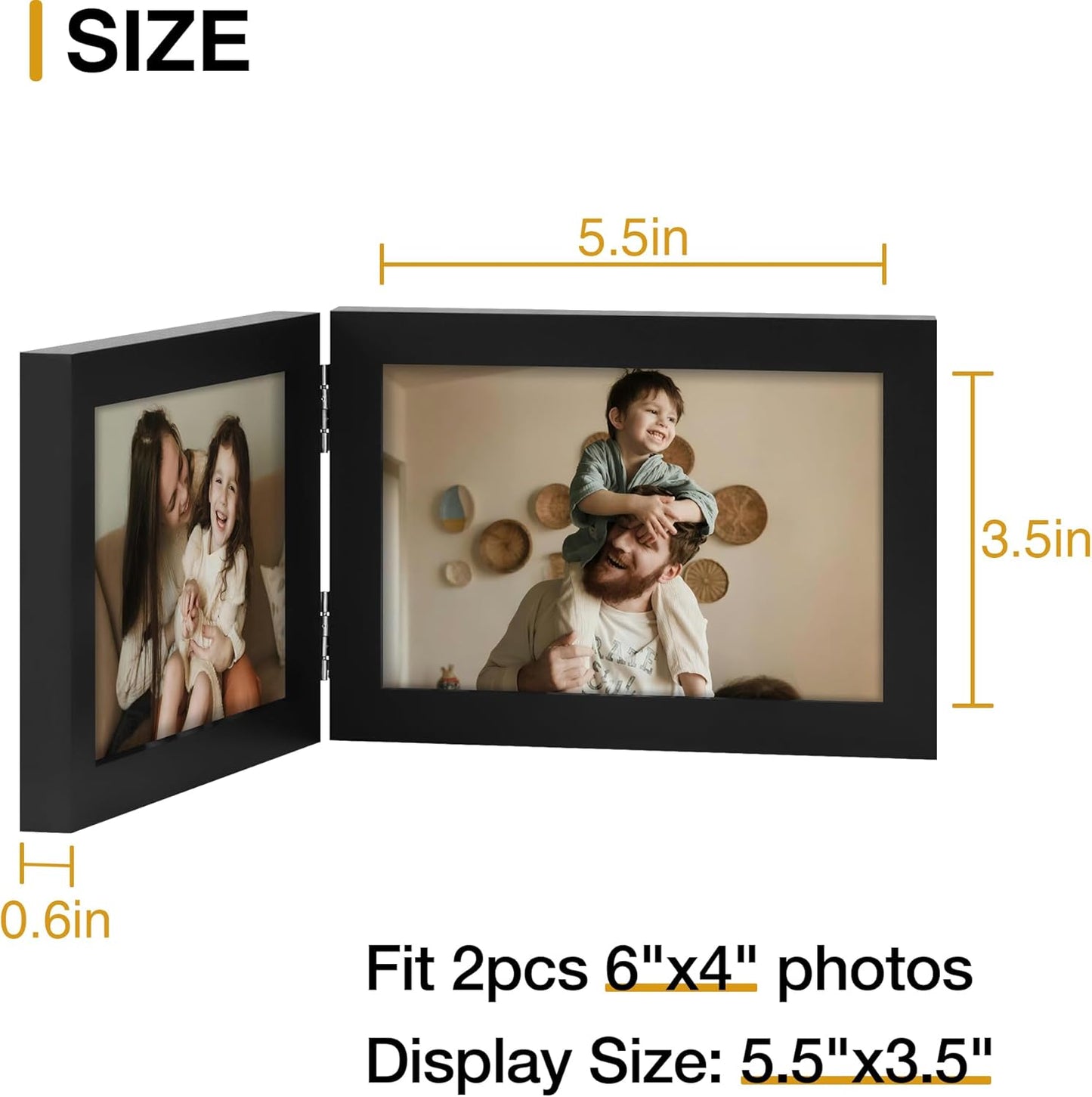 decorUhome Double 6x4 Picture Frame Vertical, Engineered Wood Bifold Photo Frame with Plexiglass for Tabletop Display, 6x4, Black