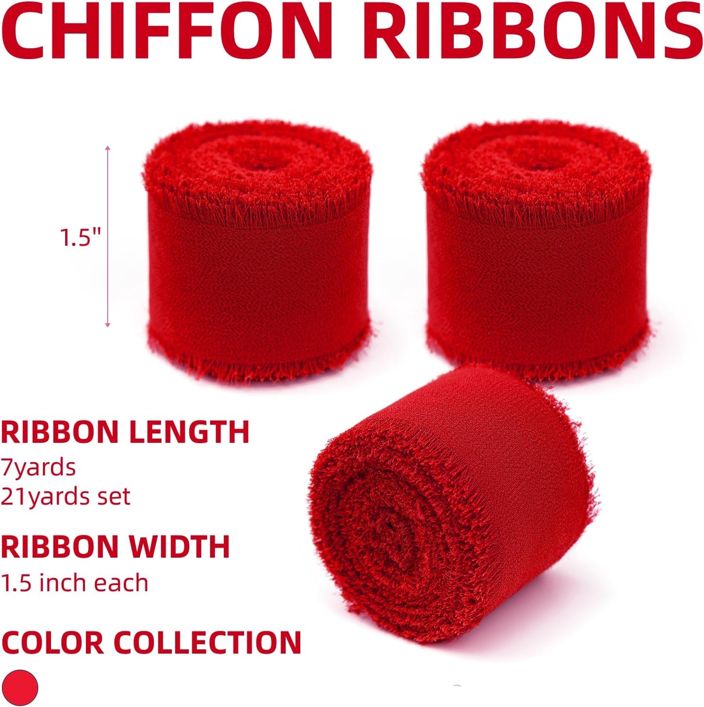3 Rolls Red Handmade Chiffon Ribbon,1.5" x 21Yd Frayed Fringe Silk Ribbons (3 Rolls *7Yd) for Gifts Wrapping, Wedding Invitations, Bridal Bouquets, Decorations
