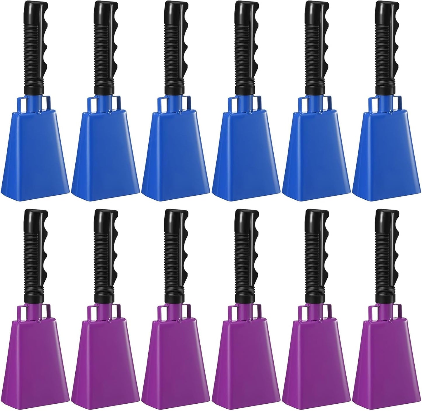 Pelopy 12 Pcs Large Cow Bell 9 '' Cowbell with Handle Cowbells for Sporting Events Hand Percussion Cheering Bell Chimes for Football Game, Alarm Loud Noise Makers, Musical Instrument(Purple, Blue)