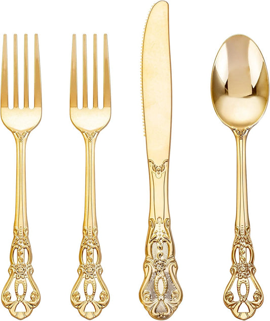 40PCS Gold Plastic Silverware - Heavy Duty Elegant Disposable Utensils - Gold Plastic Cutlery Set Includes 20 Forks, 10 Spoons, 10 Knives for Dinner, Parties, Weddings