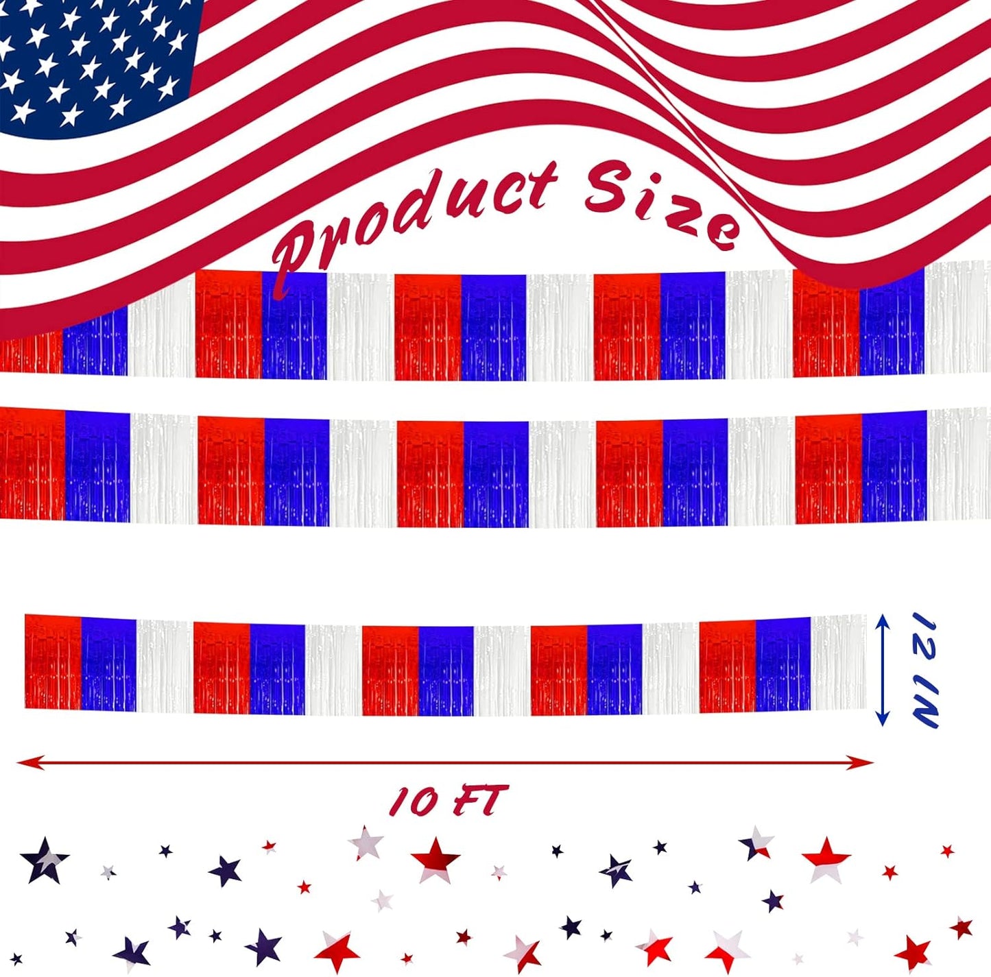 6 Pack 10 Feet White Blue Red Foil Fringe Garland Metallic Tinsel Streamers Banner Wall Hanging Backdrop Banner for Parade Floats, Thanksgiving, Christmas, Birthday, Halloween Party Decorations