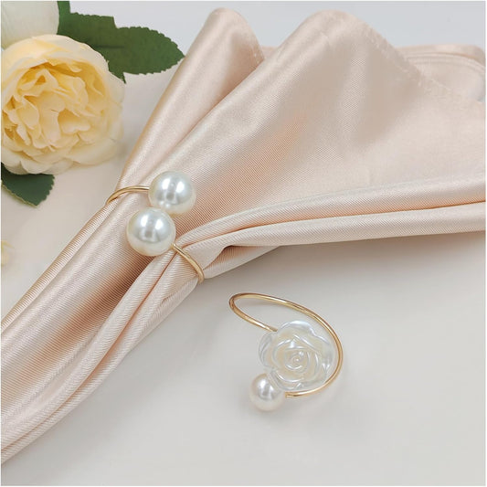 Napkin Rings Set of 12,Pearl Napkin Rings Set Gold Napkin Ring Rose Holders,Delicate Serviette Buckle for Wedding Thanksgiving Christmas Family Birthday Party Kitchen Table Décor(12,Pearl)
