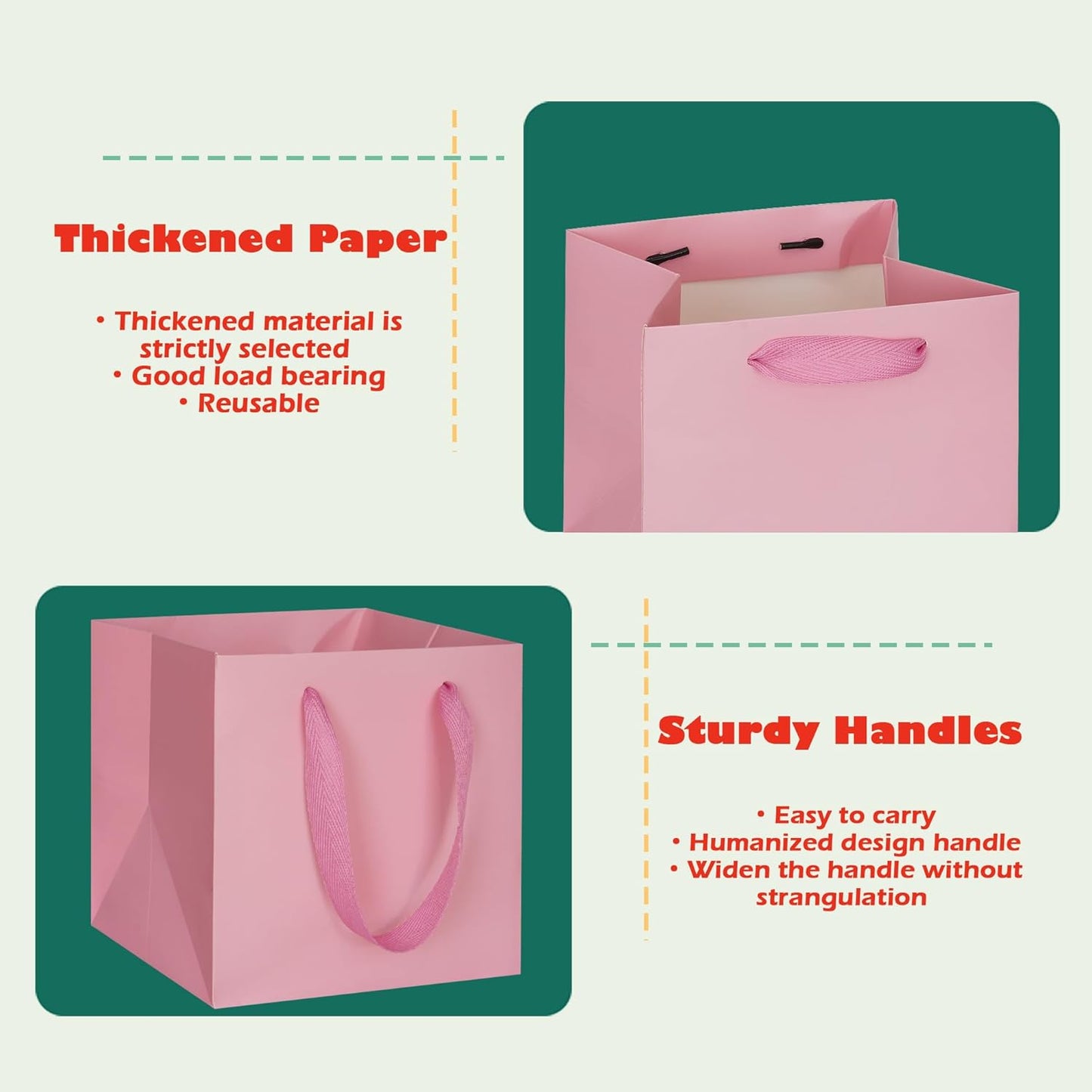 ADIDO EVA Pink Square Gift Bags Large Size Square Bottom Paper Bags with Handles for Party Favor, Shopping Bag (12x12x12 In, 10 CT)