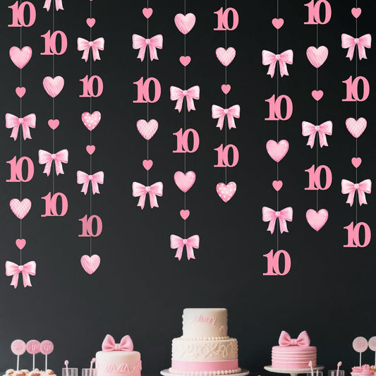 40Ft Pink 10th Bow Birthday Decorations Hot Pink Conquette Bow Heart Garland Streamer Banner for Girls Happy 10th Birthday Double Digits I'm 10 Cheers to 10 Years Old Anniversary Party Supplies