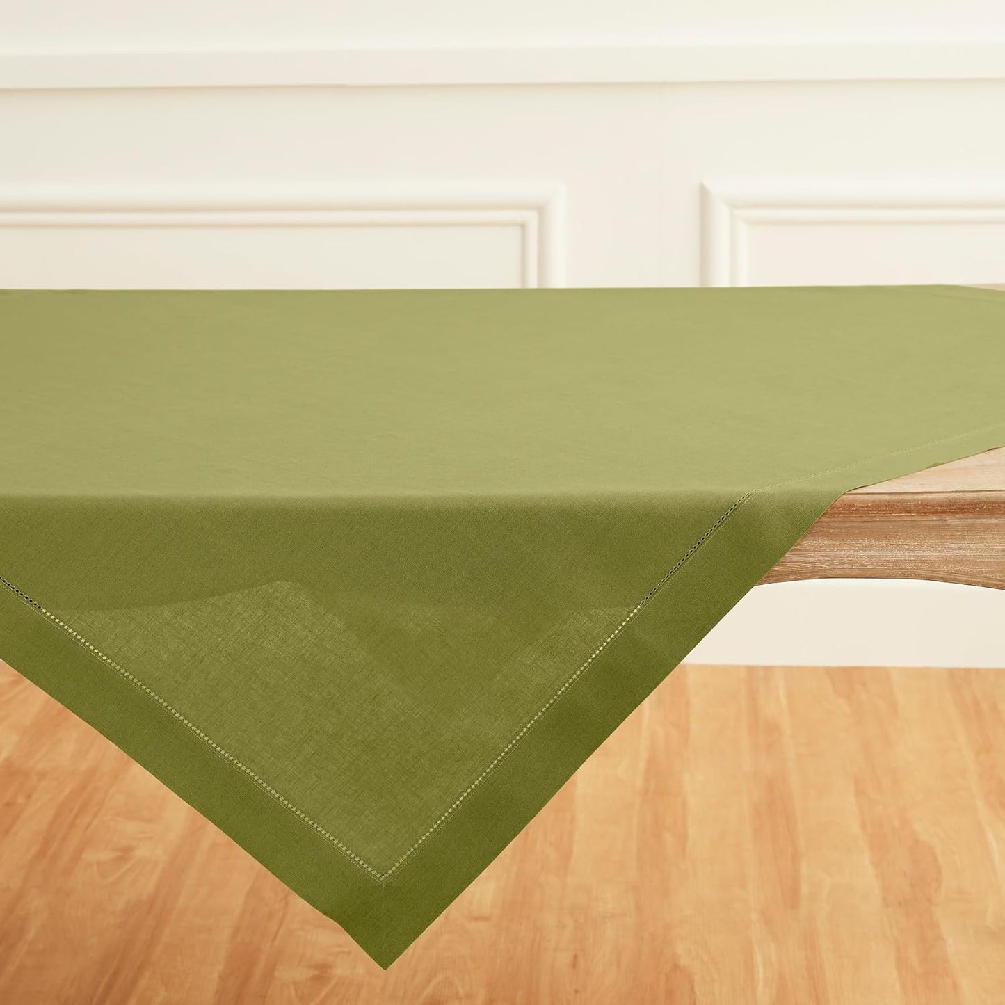 Solino Home Avocado Green Linen Tablecloth 52 x 52 Inch - 100% Pure Linen Square Table Throw - Classic Hemstitch, Machine Washable Table Cloth for Fall, Autumn, Thanksgiving