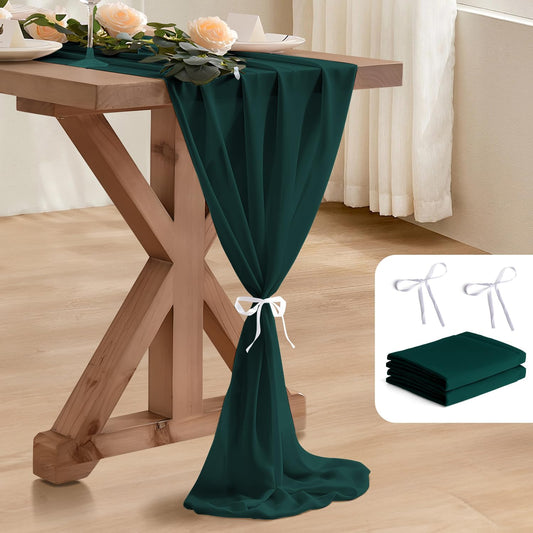 2 Pack 10 Ft Chiffon Table Runner Emerald Green Gauze Long Table Runners 27x120 Inches Sheer Tulle Table Runner for Rustic Wedding Reception Bridal Shower Decorations Birthday Party