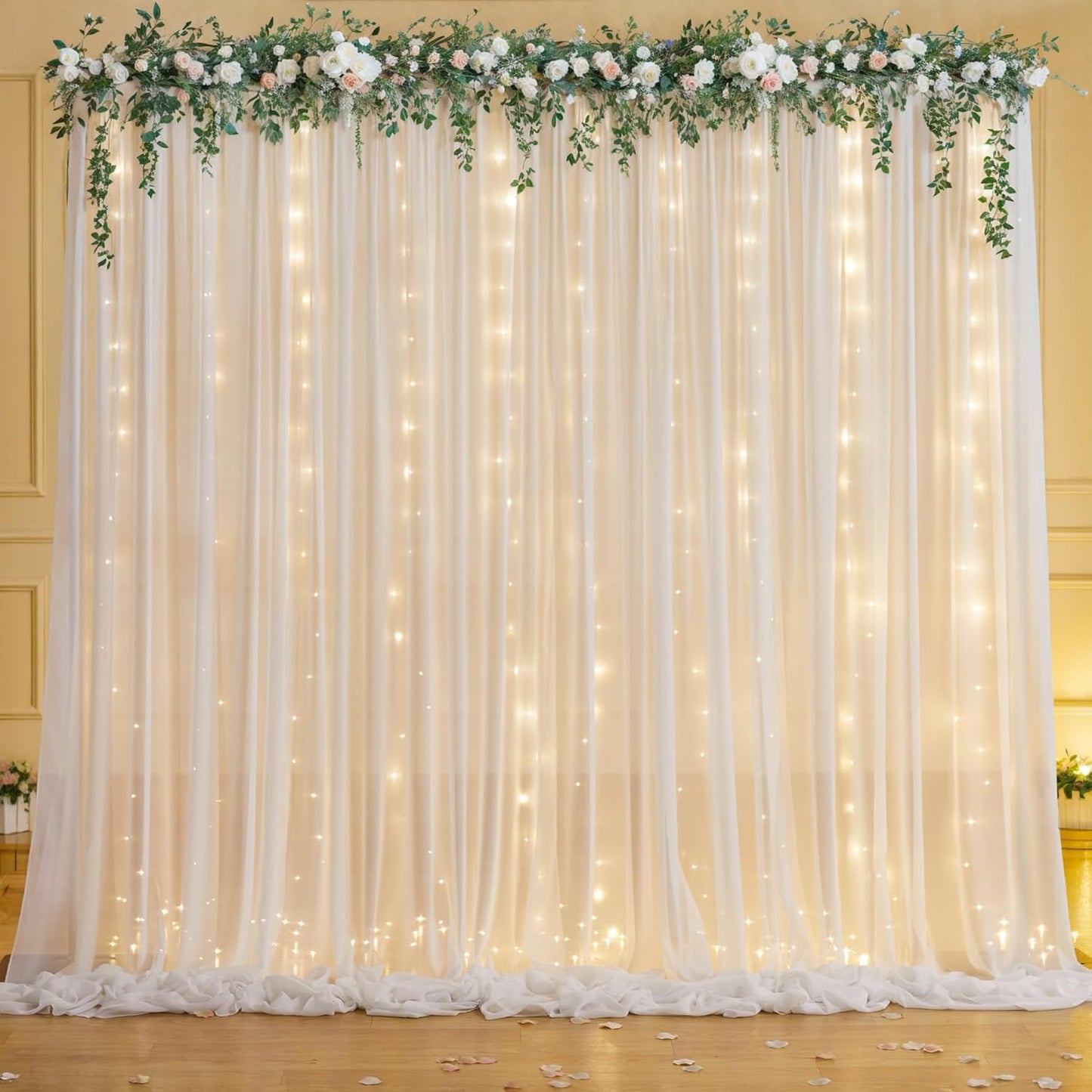 10ft x 7ft White Chiffon Backdrop Curtain with Lights String for Parites Wedding Wrinkle Free Curtain Photo Backdrops Drapes for Baby Shower Birthday Party Home Decorations