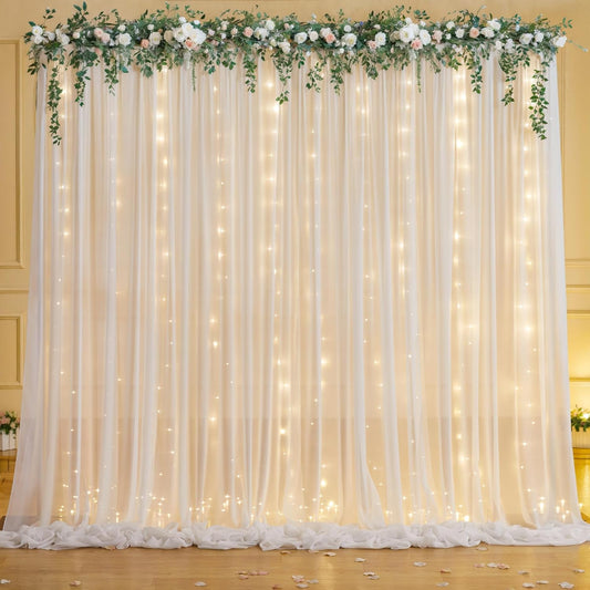 10ft x 7ft White Chiffon Backdrop Curtain with Lights String for Parites Wedding Wrinkle Free Curtain Photo Backdrops Drapes for Baby Shower Birthday Party Home Decorations
