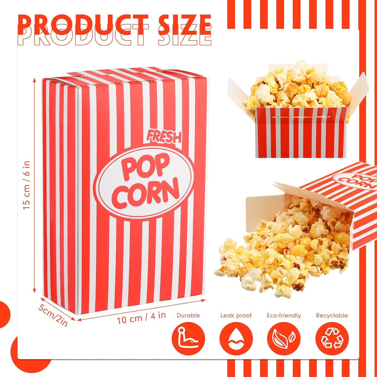 Xinnun 200 Pcs Paper Popcorn Boxes 1 oz Close Top Oil Proof Disposable Popcorn Container 6 x 4 x 2 Inch Stripes Leak Proof Popcorn Boxes for Party Movie Party Theater Night Birthday (Red)