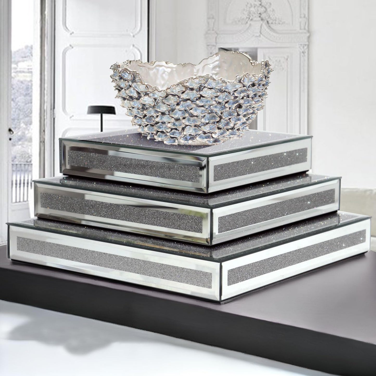 GIMORRTO Mirror Display Riser 3 PC, Glam Accent Table Display Platform for Decorative Pieces, Mirrored Showpeice 3 set, Food Beffer Displayer (Sparkling 3PC)
